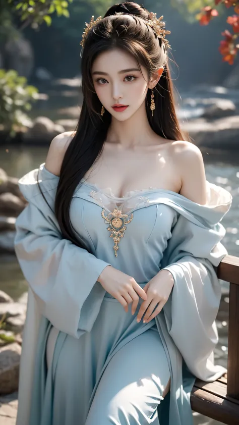 gufeng,bare shoulders,(masterpiece, best quality:1.2), 1girl, solo, ((off shoulder clothes)), In the depths of Wonderland，The mo...