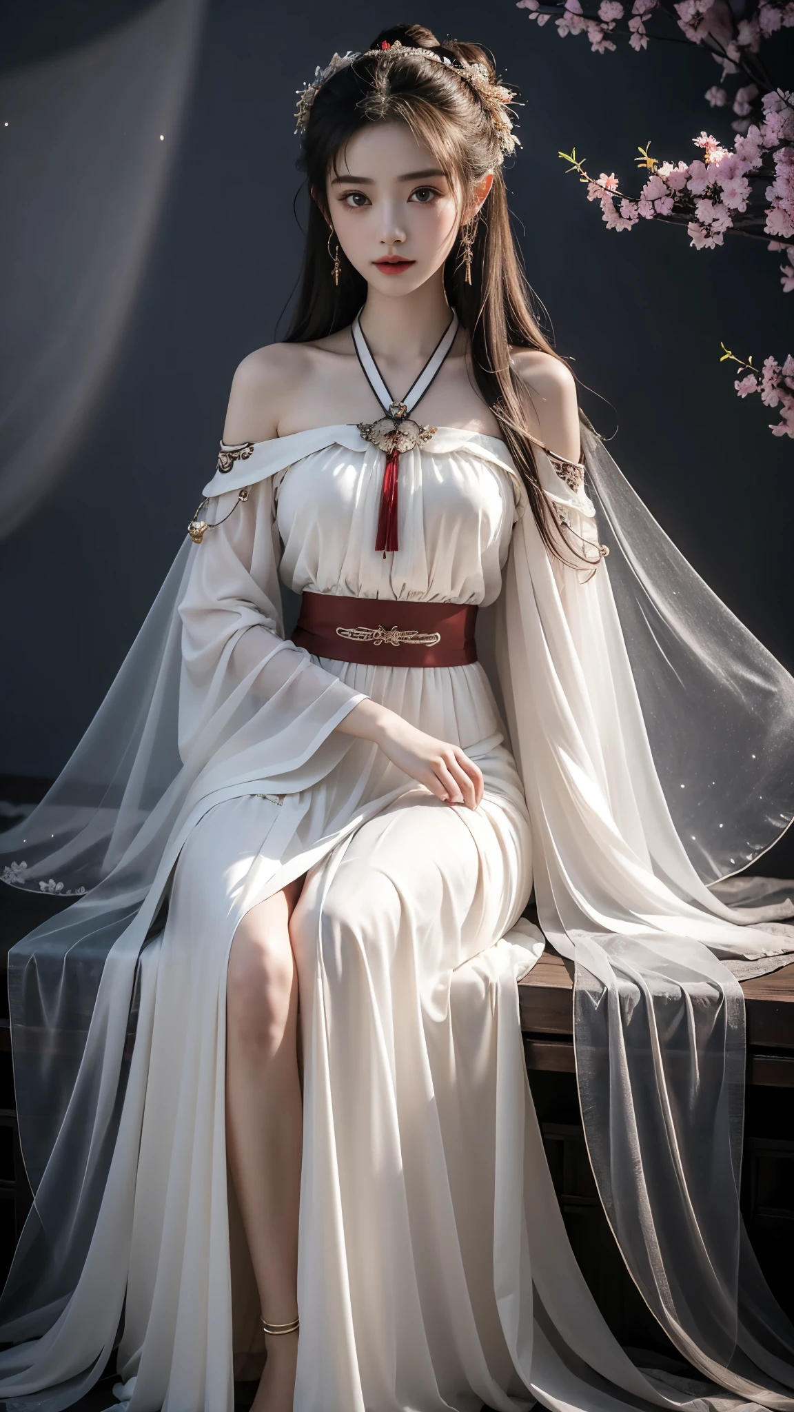 hanfu, (masterpiece, best quality:1.2), 1girl, solo, ((off shoulder clothes)), In the depths of Wonderland，The moonlight falls like water，foggy room，The figure of the heroine is vaguely visible，Just like the fairy in the painting，Slender sexy legs，Very nice legs，Leaking sexy legs，Big breasts，美丽而又带着一丝mystery的色彩。Her face is beautiful and delicate，Like finely carved jade，Showing otherworldly beauty。The eyebrows are picturesque，The waves in my eyes are like twinkling stars，Show the light of perseverance and wisdom。The bridge of the nose is straight，Lip color like cherry，The slightly raised corners of the mouth reveal confidence and calmness。Her face is well defined，The skin is as fair as jade，Reveals a healthy glow，Just like a fairy, she never eats fireworks in the world。Her makeup is light and delicate，Not too much embellishment，But enough to show her temperament and charm。Light-colored foundation brings out the transparency of the skin，A light eyebrow pencil outlines her perfect eyebrow shape，Eye makeup is eye shadow and eyeliner，Make her eyes brighter and more energetic。嘴唇涂上grace的口红，Adds a bit of charm and sophistication。她的衣服grace别致，Clothes flutter，It seems like it will be blown up by the wind at any time，drifting into the distance。既不失grace，Also showed her extraordinary skills。Rocking with her movements。Her hair is tied back casually，Secure it with a hosta，A few strands of hair are fluttering gently in the wind，Adds a bit of softness。Her figure is looming in the fairyland，宛如一道Big breasts美丽的风景线，attracted everyone&#39;s attention。She seems to be a fairy in wonderland，Big breasts美丽、grace、mystery、and full of power。