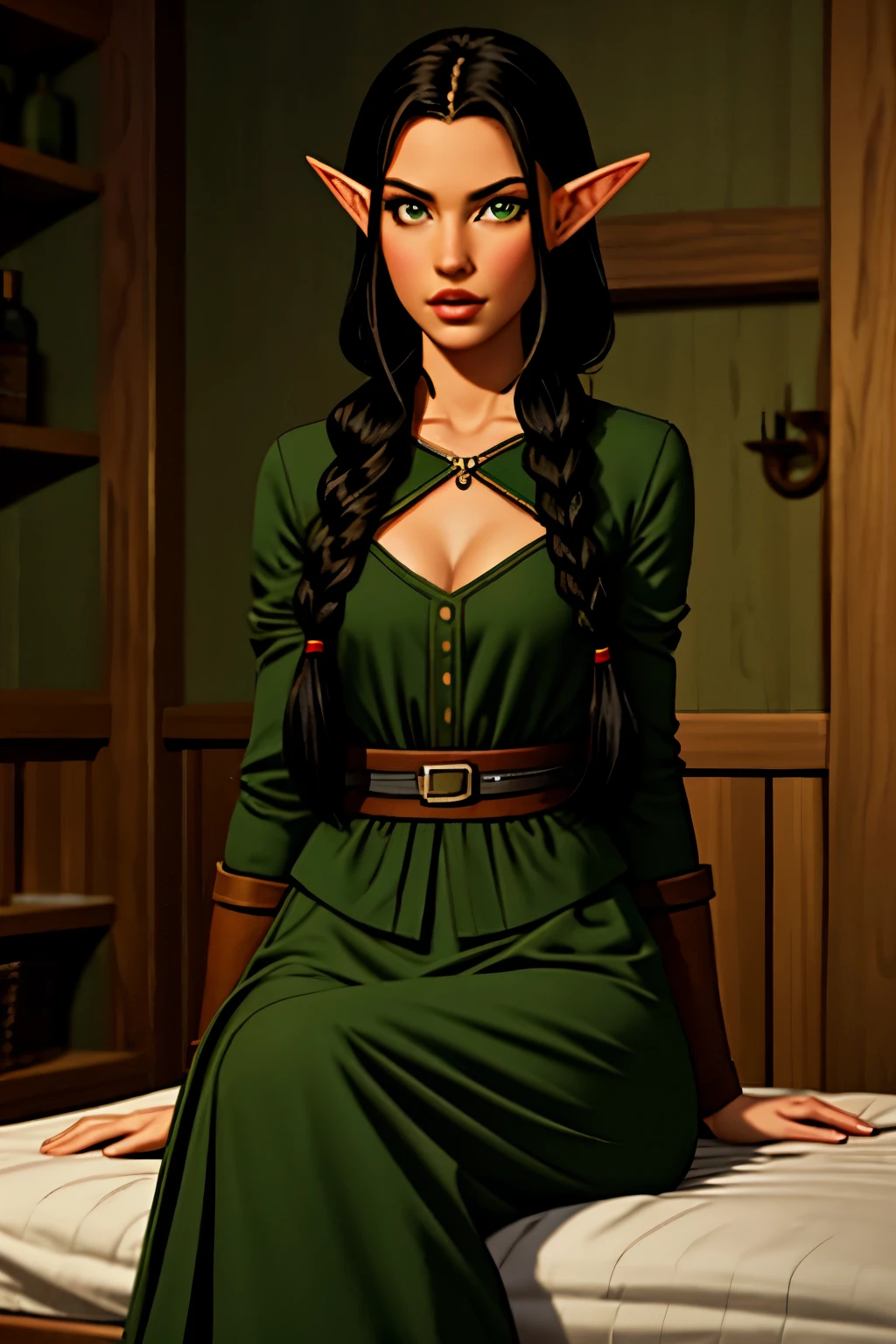 an elf girl with long braided black hair, elf ears, big round green eyes, thin lips, round face, small breasts, delicate and beautiful sitting on a bed, in a room in a tavern, wearing archer clothes