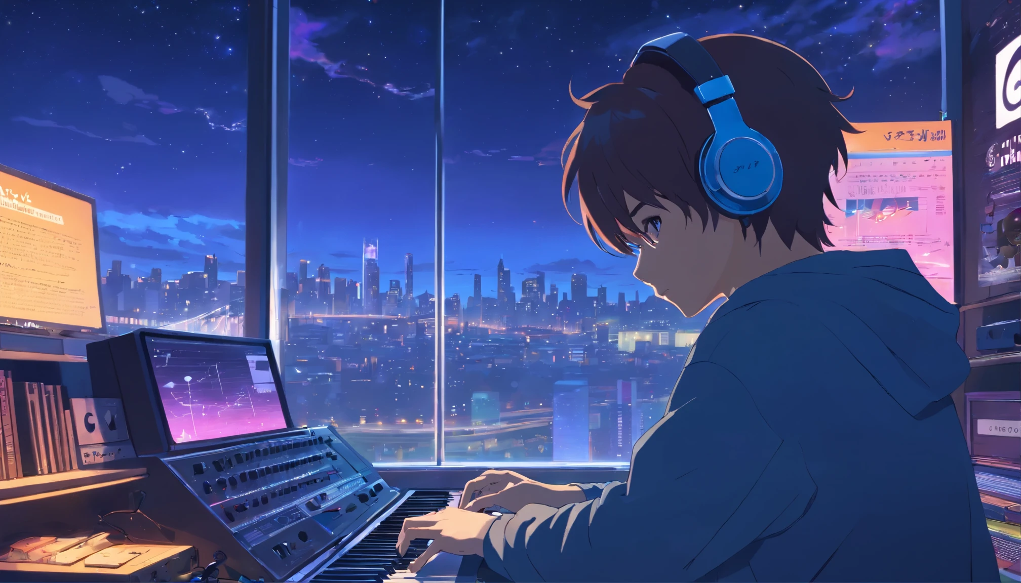 Photo of a man wearing headphones and listening to music, Text Why you, Super detailed, Vintage Wave, cyber punk, Sad atmosphere, bright light from the window, nightのシーン, 1 bedroom, 2D, (shot from a distance), wide shot, (noise from film), Old cartoons, (Many records: 1.3), vinyl record store, (masterpiece, very high quality, very high quality, official art, beautiful and aesthetic: 1.2), (very detailed, (fractal art: 1.4 ), guitar, (notebook: 1.4), (Lo-Fi Hip Hop), Side view, Old anime textures, alone, speakers, cyber punk, vinyl, night