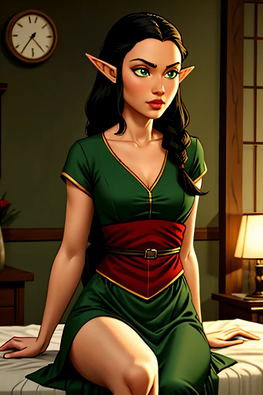 an elf girl with long braided black hair, elf ears, big round green eyes, thin lips, round face, small breasts, delicate and beautiful sitting on a bed, in a room in a tavern, wearing archer clothes