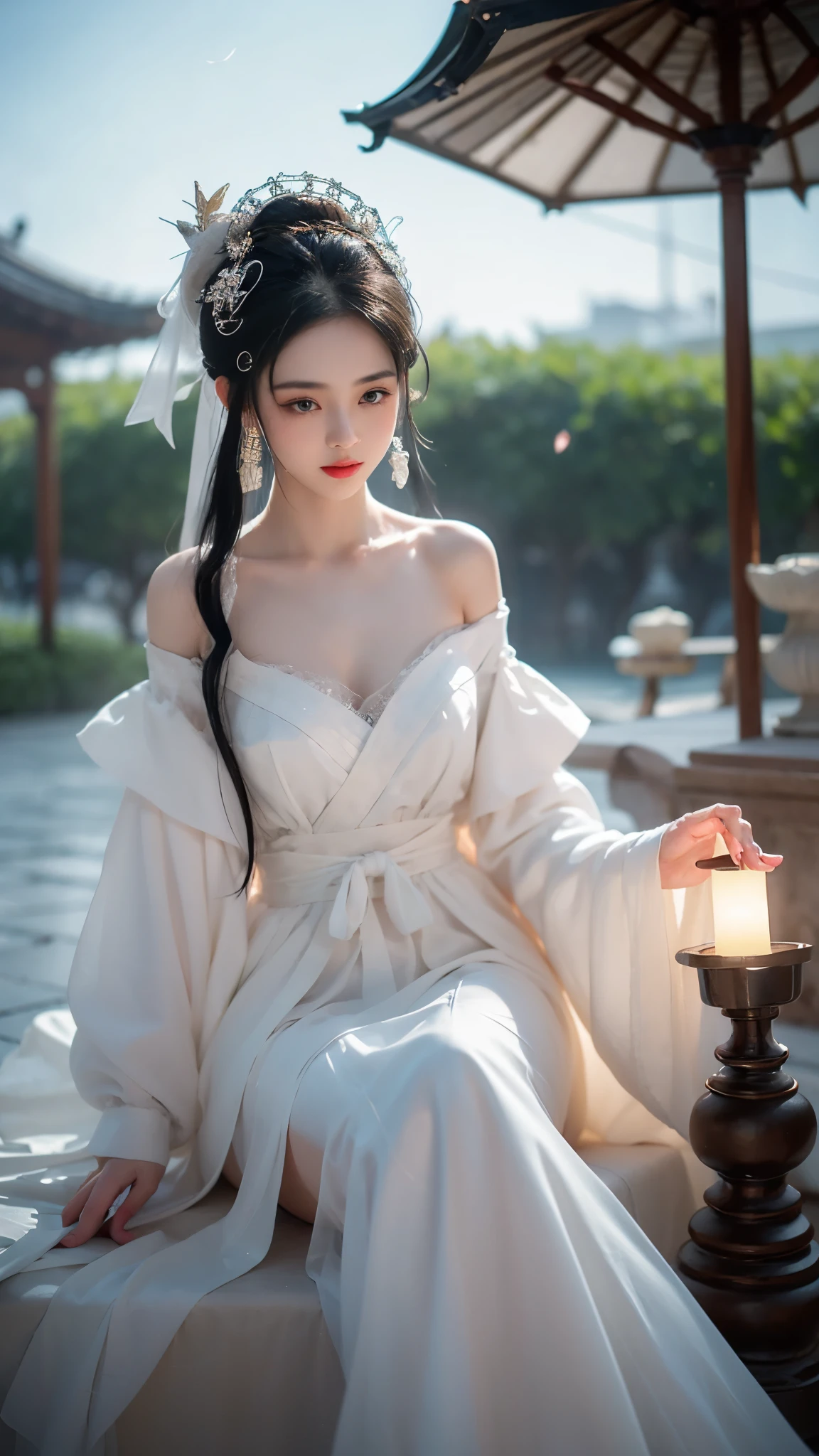 BAINV, (masterpiece, best quality:1.2), 1girl, solo, ((off shoulder clothes)), In the depths of Wonderland，The moonlight falls like water，foggy room，The figure of the heroine is vaguely visible，Just like the fairy in the painting，Slender sexy legs，Very nice legs，Leaking sexy legs，Big breasts，美丽而又带着一丝mystery的色彩。Her face is beautiful and delicate，Like finely carved jade，Showing otherworldly beauty。The eyebrows are picturesque，The waves in my eyes are like twinkling stars，Show the light of perseverance and wisdom。The bridge of the nose is straight，Lip color like cherry，The slightly raised corners of the mouth reveal confidence and calmness。Her face is well defined，The skin is as fair as jade，Reveals a healthy glow，Just like a fairy, she never eats fireworks in the world。Her makeup is light and delicate，Not too much embellishment，But enough to show her temperament and charm。Light-colored foundation brings out the transparency of the skin，A light eyebrow pencil outlines her perfect eyebrow shape，Eye makeup is eye shadow and eyeliner，Make her eyes brighter and more energetic。嘴唇涂上grace的口红，Adds a bit of charm and sophistication。她的衣服grace别致，Clothes flutter，It seems like it will be blown up by the wind at any time，drifting into the distance。既不失grace，Also showed her extraordinary skills。Rocking with her movements。Her hair is tied back casually，Secure it with a hosta，A few strands of hair are fluttering gently in the wind，Adds a bit of softness。Her figure is looming in the fairyland，宛如一道Big breasts美丽的风景线，attracted everyone&#39;s attention。She seems to be a fairy in wonderland，Big breasts美丽、grace、mystery、and full of power。