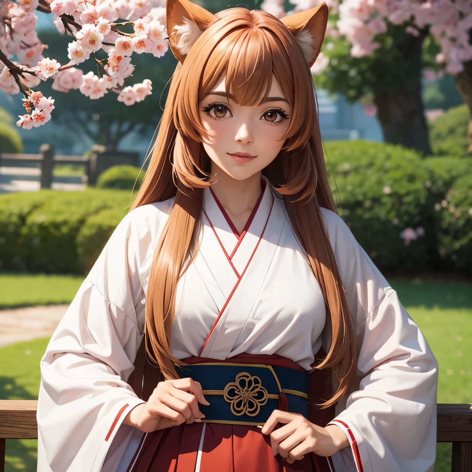 Raphtalia. beautiful woman 21 years old light skin detailed . ojos rojos brillantes. orejas de animal redondas , pechos muy grandes. rubor, rostro hermoso. sonrisa feliz, disfraz miko. kimono parte superior blanco parte inferior rojo, pink flower shaped belt, pechos enormes. japanese garden background. escote. alta calidad, obra maestra orejas de animal, escote