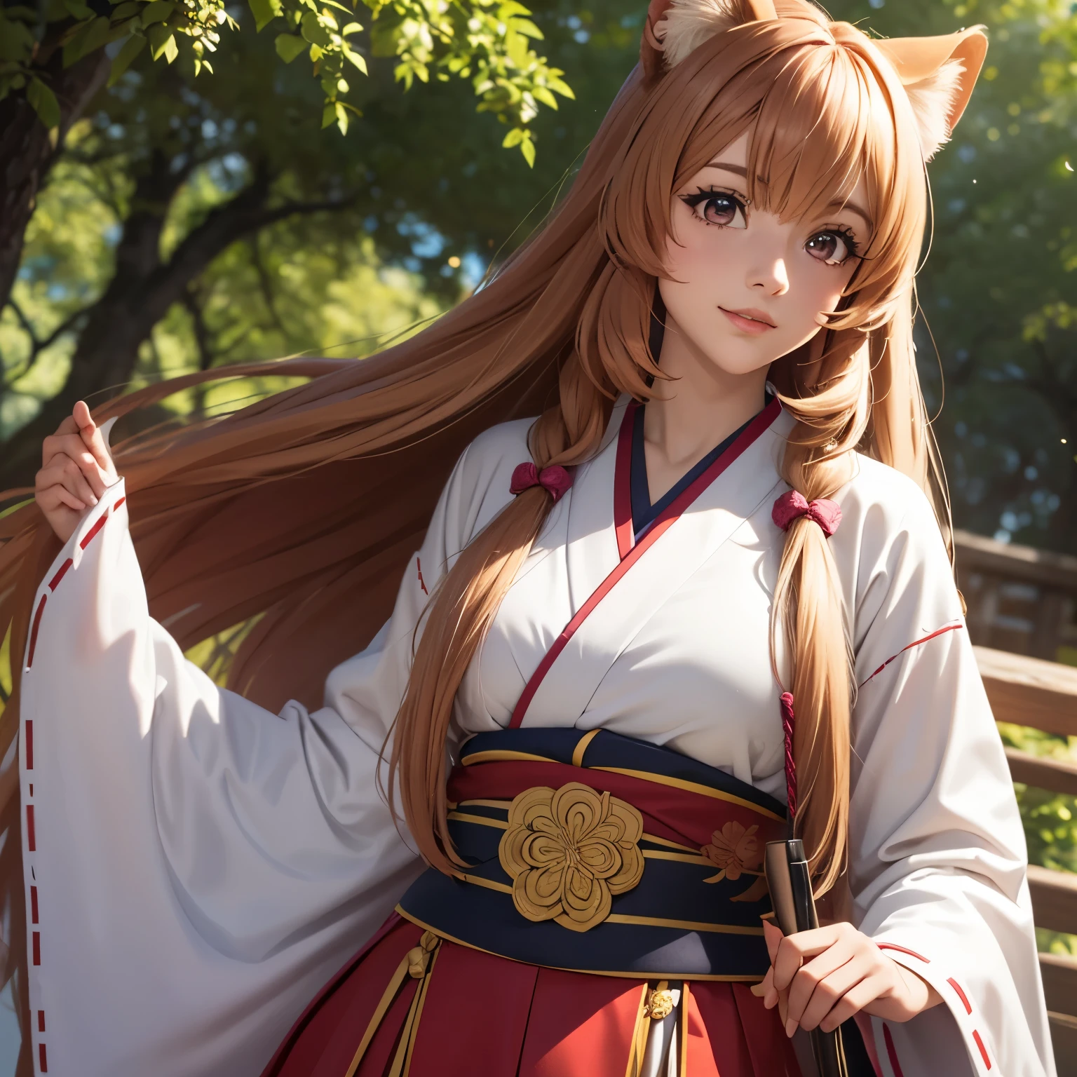 Raphtalia. schöne Frau mit heller Haut, detailliert . Leuchtend rote Augen. runde Tierohren , sehr große Brüste. erröten, schönes Gesicht. glückliches Lächeln, Miko-Kostüm. Kimono, weißes Oberteil, rotes Unterteil, rosa blumenförmiger Gürtel, riesige Brüste. Japanischer Garten, Hintergrund. Ausschnitt. gute Qualität, Meisterwerk Tierohren, Ausschnitt, Konzentriere dich auf ihre Brüste. ganzer Körper.