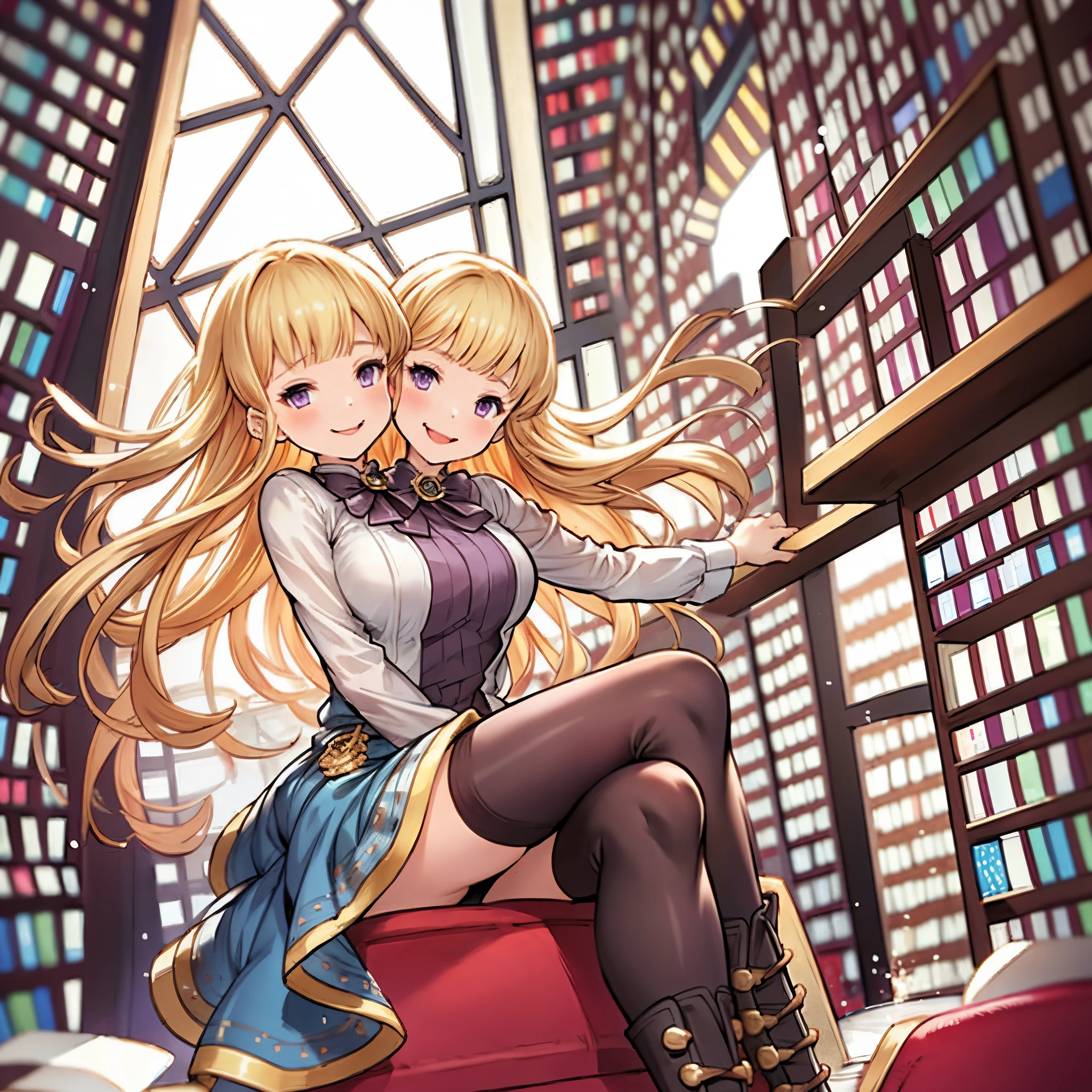 (2heads), 1girl,full body,(laonanren \(base\)),
a huge thick open book,
dress,shirt, black legwear, boots
blonde hair,purple eyes,
smile,
library, window, 
masterpiece, best quality, ultra-detailed, comic, illustration,
arms crossed, legs spread