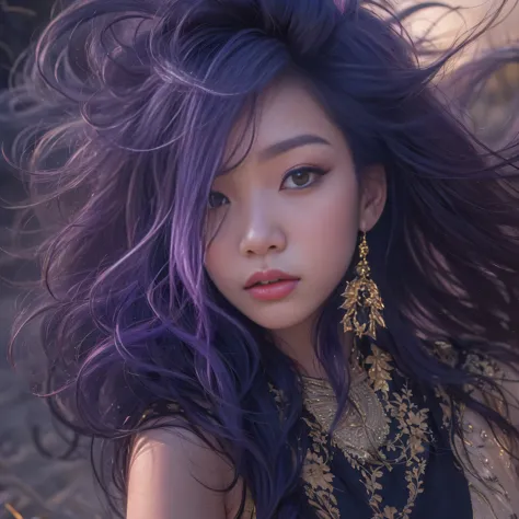 32k（masterpiece，HD，超HD，32k）Bright purple long flowing hair，autumn pond，Ziddink， a color， Asian （Silly girl）， （silk scarf）， fight...