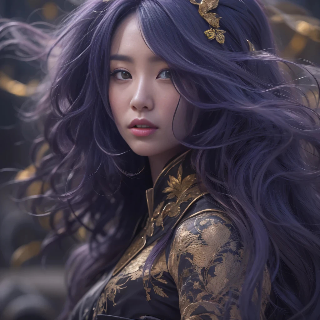 32k（masterpiece，HD，超HD，32k）Bright purple long flowing hair，autumn pond，Ziddink， a color， Asian （Silly girl）， （silk scarf）， fighting stance， looking at the ground， long white hair， Floating bright purple， Fire cloud gold headdress， Chinese long-sleeved gold silk garment， （Abstract ink splash：1.2）， Black smoke background，Lotus protector（realistically：1.4），Bright purple hair，Smoke on the road，The background is very pure， high resolution， detail， RAW photos， Sharp Re， Nikon D850 film photo by Jefferies Lee 4 Kodak Portra 400 camera F1.6 guns, colorful, Ultra-realistic and vivid textures, dramatic lighting, Unreal Engine Art Station Trend, Sinest 800，Bright purple long flowing hair