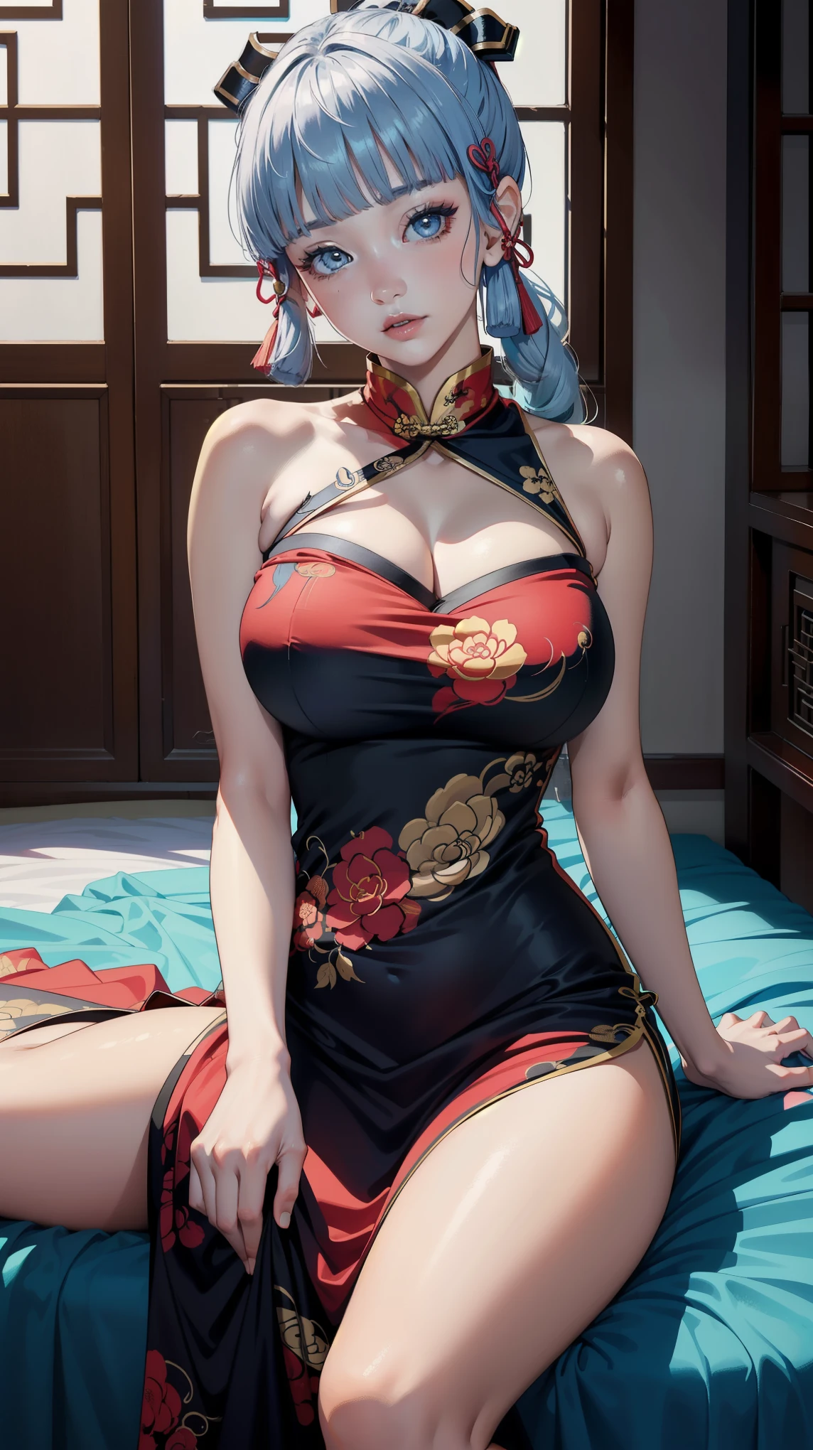  (masterpiece, top quality, best quality, official art, beautiful and aesthetic:1.2), (beautiful face), 
extremely detailed,colorful,highest detailed, (sitting on bed), bright eyes, (huge breast), (chinese dress:1.5), ((kamisatoayakarnd)),