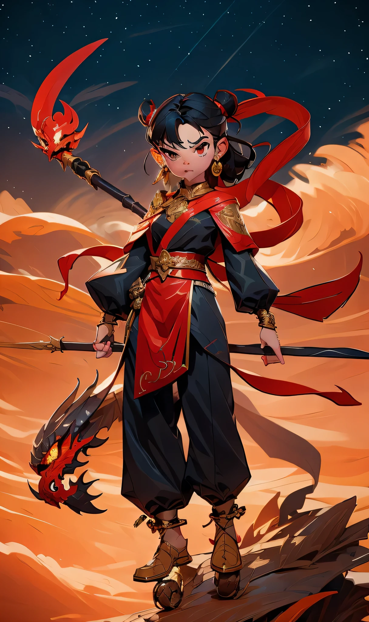 1 girl, There is blood on the face, angry, holding a spear, (flight)There is a dragon behind, Chinese mythology,cloudy, Detailed sky, abstract background, (flame_bell_style:0.5)