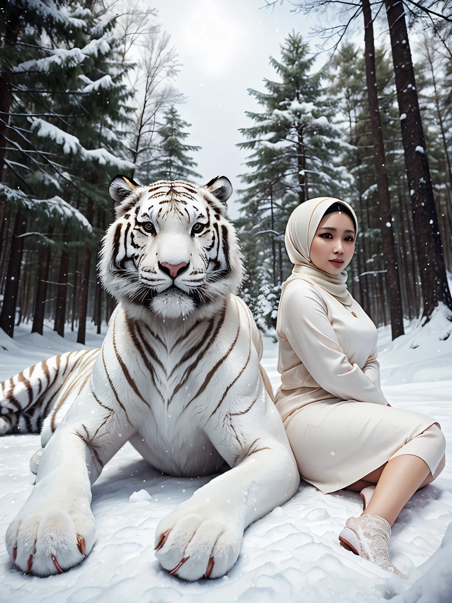шедевр, большой белый тигр, и малайская женщина (35 лет), Пухлый, хиджаб жемчужного цвета, В снежном лесу,