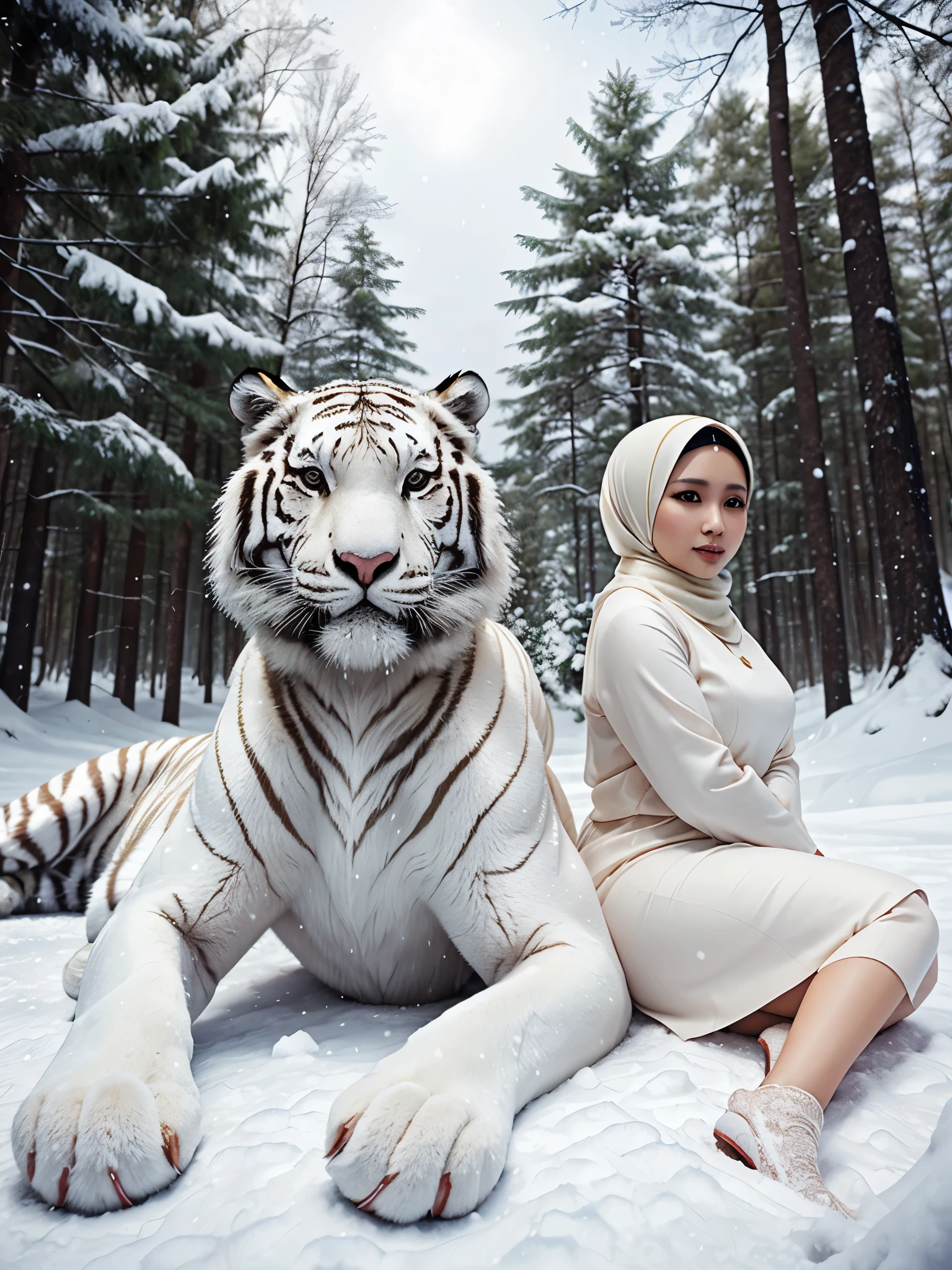 obra de arte, grande tigre branco, e uma mulher malaia (3), Gordo, hijab de cor pérola, na floresta de neve,