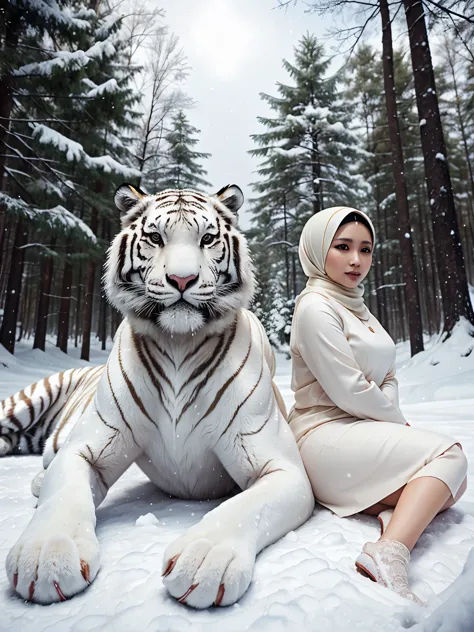 masterpiece, big white tiger, and malay woman (35 years old), plump, pearl color hijab, in the snow forest,
