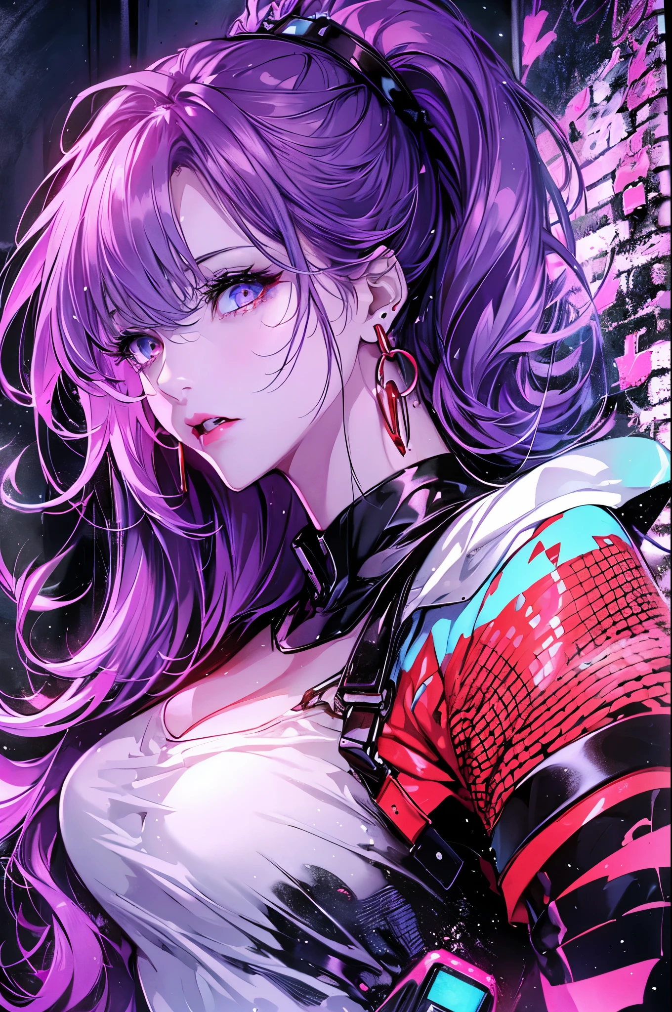 hair above one eye, red eyes, clear eyes, choker, Neon Shirt, torn legwear, open jacket, towards the wall, brick wall, graffiti, shining grafiti, shineing tattoos, shine, neon light, Black light,anime style, movie portrait photography, 1 female, 22 years ago, Full body Esbian,Blue eyes background, big and full breasts, anger, (scarlet colored hair), long hair, purple eyes, wearing a short black dress, (natural skin texture vivid details, surreal, (realistic detailed eyes, natural skin texture, realistic facial details), soft and dramatic lighting, Depth of written boundary, bokeh, vivid details, surreal, 35mm movie, hazy blur, movie,lipstick, ear piercing, eye shadow, hoop earrings, Red-pink lips, Multicolored red eyes, purple theme,Wear an iridescent aura,beautiful eyes,stand in front of the red gate、shrine,Jingumae,bold pose、decide on a pose,upper ponytail,Hanging bangs