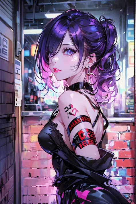 hair above one eye, red eyes, clear eyes, choker, Neon Shirt, torn legwear, open jacket, towards the wall, brick wall, graffiti,...