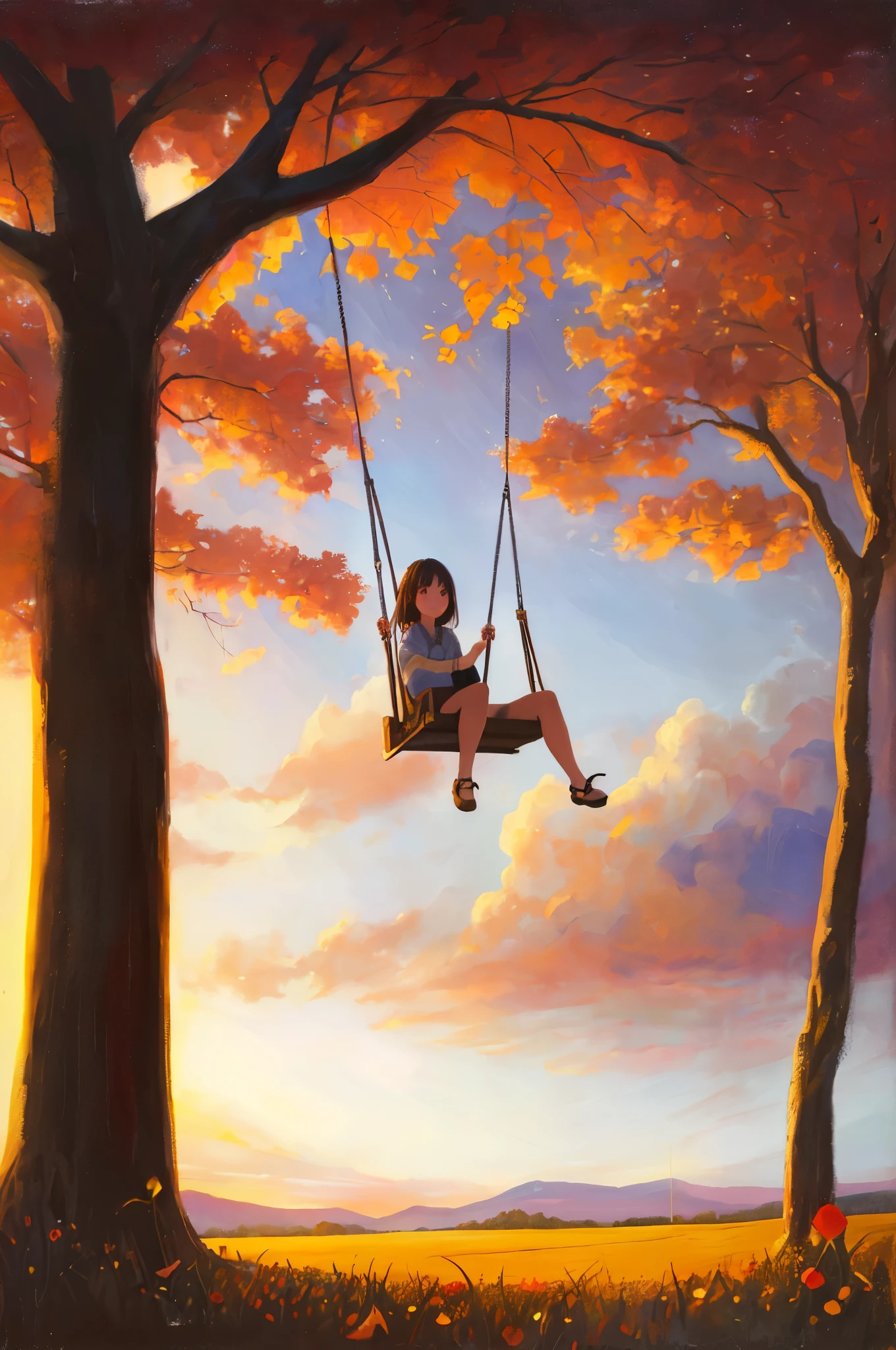 painting of a swing, hanging from a tree in a field, tree swing, Calm and content painting, swing, emotional oil painting, Dreamy scene, magical realism painting, It's not going anywhere. oil painting, fantasy oil on canvas, Atmospheric picture of a fairytale landscape, surreal oil painting, Kim Doo Ryang, breathtaking art, Painting of romanticism, surreal painting, Girl on a swing, Sitting on a swing, (((Warm shades)))
