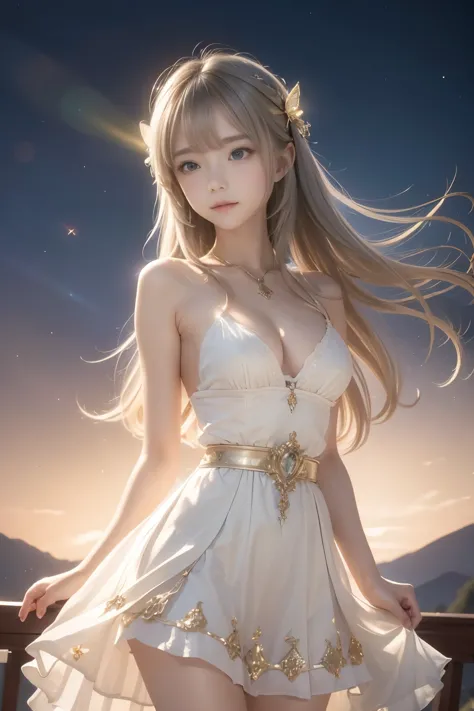 1 girl, masterpiece, very detailed, ((cinematic lighting)), (shine), ((dramatic lighting)), ((beautiful delicate shine)), intricate details, Lens flare, blonde, long hair, multicolored dress, butterflyの髪飾り, butterfly, (particles of light), turn your arms b...