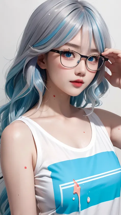 (masterpiece, best quality, high resolution), anime style, White background, acrylic paint, ((splash of color, splash ink, splash of color)), Sweet Chinese girl, Long Grayish blue hair, [Grayish blue|green] hair, Light blue eyes，Red Half-rimmed Glasses，Cur...