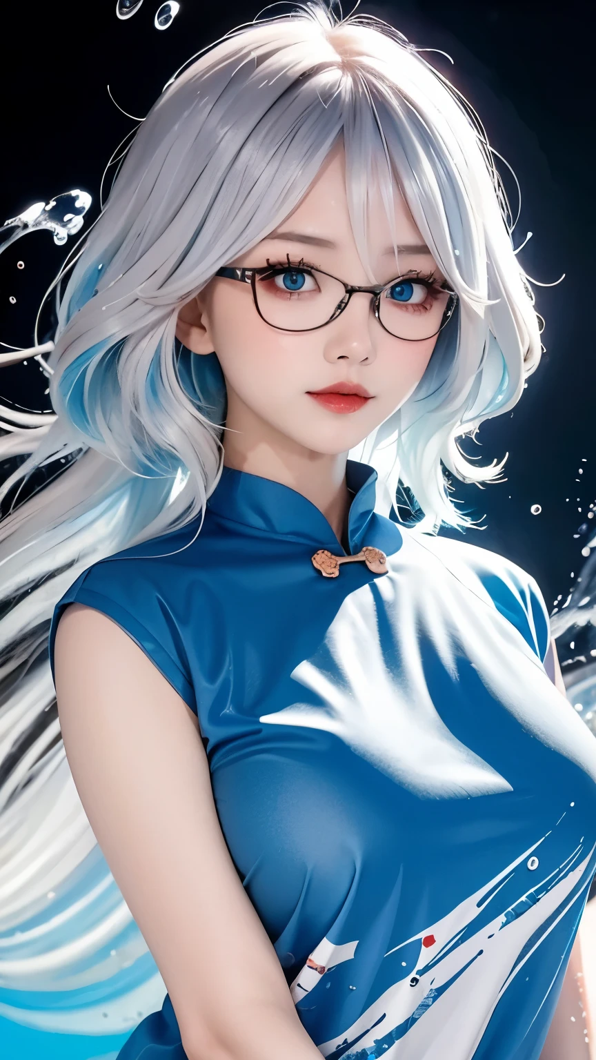 (masterpiece, best quality, high resolution), anime style, White background, acrylic paint, ((splash of color, splash ink, splash of color)), Sweet Chinese girl, Long Grayish blue hair, [Grayish blue|green] hair, Light blue eyes，Red Half-rimmed Glasses，huge ，Curly hair, flash, Peach lips, White shirt, front, Upper body