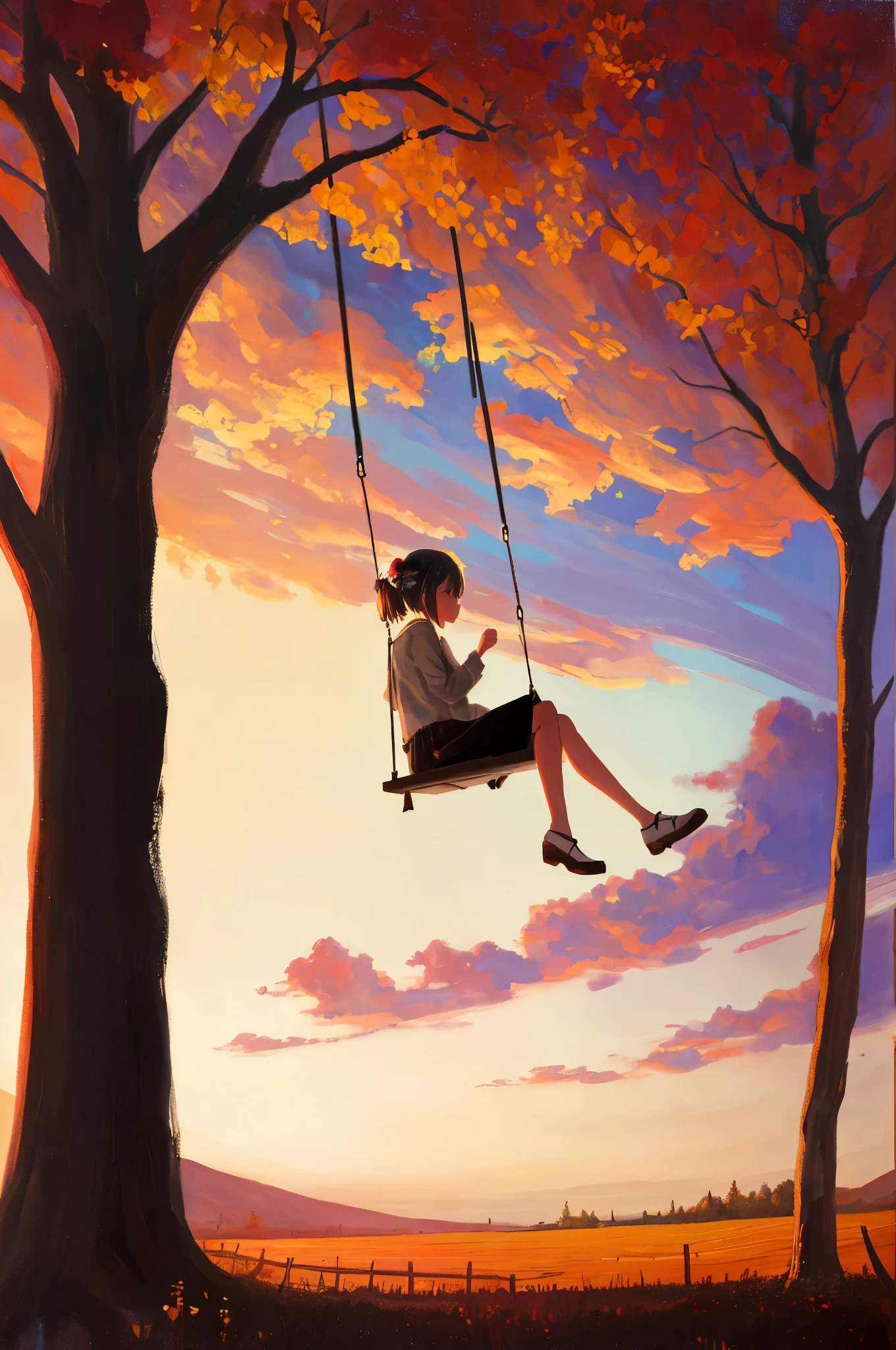 painting of a swing, hanging from a tree in a field, tree swing, Calm and content painting, swing, emotional oil painting, Dreamy scene, magical realism painting, It's not going anywhere. oil painting, fantasy oil on canvas, Atmospheric picture of a fairytale landscape, surreal oil painting, Kim Doo Ryang, breathtaking art, Painting of romanticism, surreal painting, Girl on a swing, Sitting on a swing, (((Warm shades)))