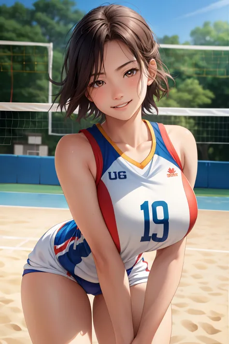Beautiful face, 1 girl, Japanese, 16 years old, volleyball player, shiny skin, looking at the scenery, (((bloomers))), sleeveless volleyball uniform, volleyball gym, volleyball court ,
   Beautiful hair, beautiful face, beautiful detailed eyes, brown eyes,...