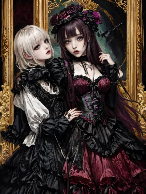 The female figure, dons an intricate visual kei gothic lolita ensemble,gothic makeup, a striking blend of elegance and rebellion...