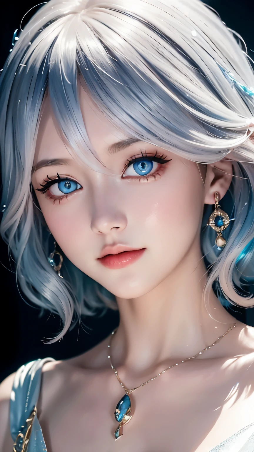 masterpiece, best quality, illustration, Saxophone blue hair, Platinum Earrings, Platinum Necklace, white dress, 1 girl, Lovely, (dynamic lighting:1.2), Cinema lighting, Exquisite facial features, Delicate blue eyes, wearing glasses，sharp pupils, realistic student, depth of field, Bokeh, sharp focus, (Super detailed, bloom, glow:1.4)