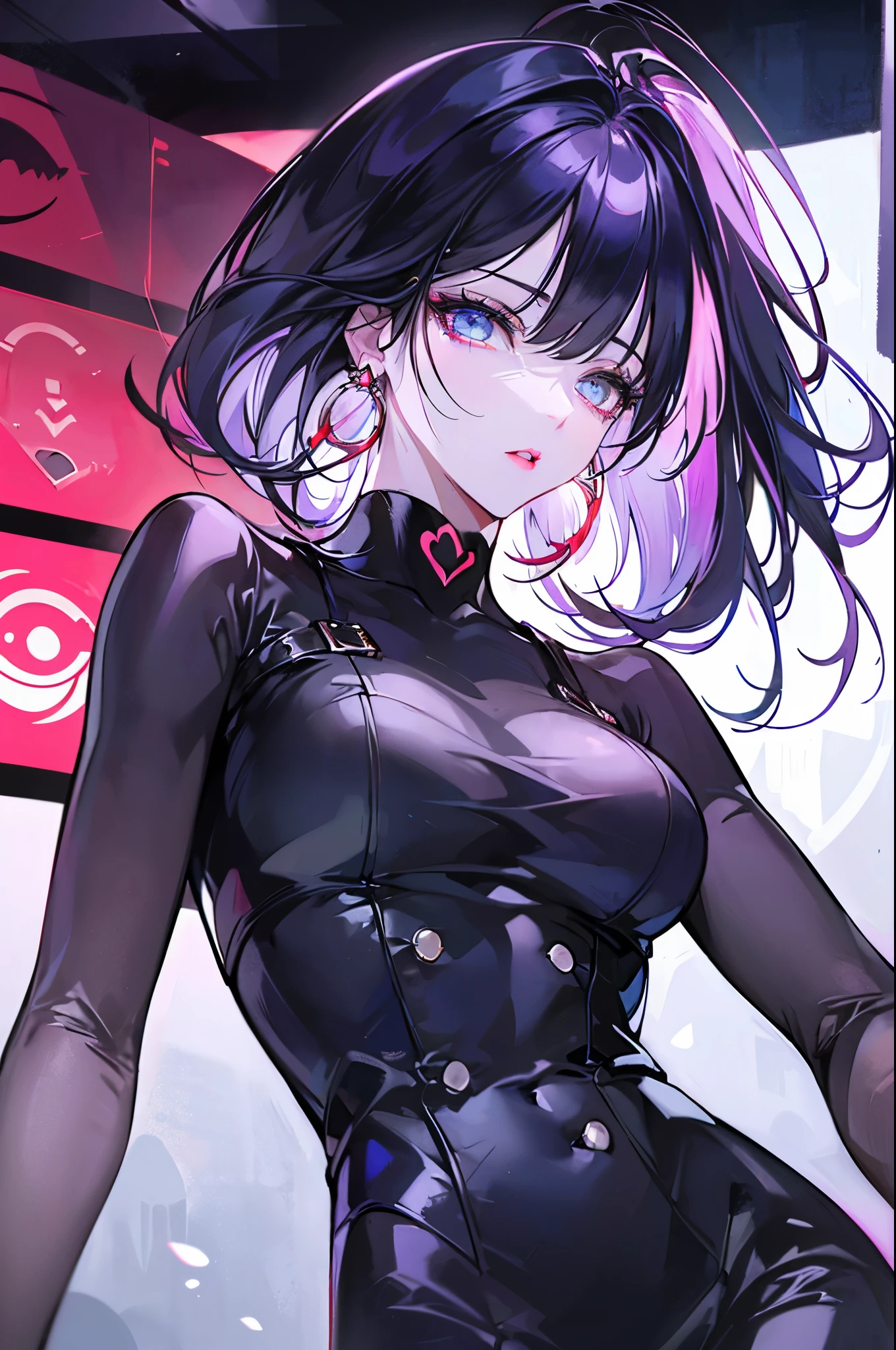 hair above one eye, red eyes, clear eyes, choker, open jacket, towards the wall,shining grafiti, shineing tattoos, shine, neon light, Black light,anime style, movie portrait photography, 1 female, 22 years ago, Full body Esbian,Blue eyes background, big and full breasts, anger, (scarlet colored hair), long hair, purple eyes, wearing a short black dress, (natural skin texture vivid details, surreal, (realistic detailed eyes, natural skin texture, realistic facial details), soft and dramatic lighting, Depth of written boundary, bokeh, vivid details, surreal, 35mm movie, hazy blur, movie,lipstick, ear piercing, eye shadow, hoop earrings, Red-pink lips, Multicolored red eyes, purple theme,Wear an iridescent aura,beautiful eyes,stand in front of the red gate、bold pose、decide on a pose,upper ponytail,Hanging bangs,sit