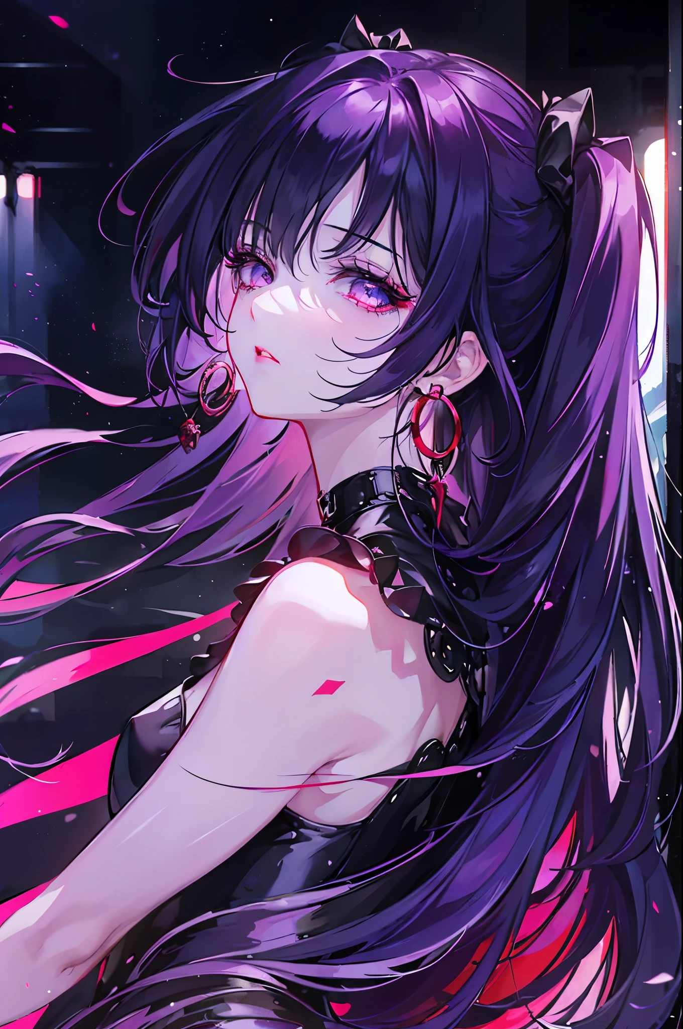 hair above one eye, red eyes, clear eyes, choker, open jacket, towards the wall,shining grafiti, shineing tattoos, shine, neon light, Black light,anime style, movie portrait photography, 1 female, 22 years ago, Full body Esbian,Blue eyes background, big and full breasts, anger, (scarlet colored hair), long hair, purple eyes, wearing a short black dress, (natural skin texture vivid details, surreal, (realistic detailed eyes, natural skin texture, realistic facial details), soft and dramatic lighting, Depth of written boundary, bokeh, vivid details, surreal, 35mm movie, hazy blur, movie,lipstick, ear piercing, eye shadow, hoop earrings, Red-pink lips, Multicolored red eyes, purple theme,Wear an iridescent aura,beautiful eyes,stand in front of the red gate、bold pose、decide on a pose,upper ponytail,Hanging bangs,sit