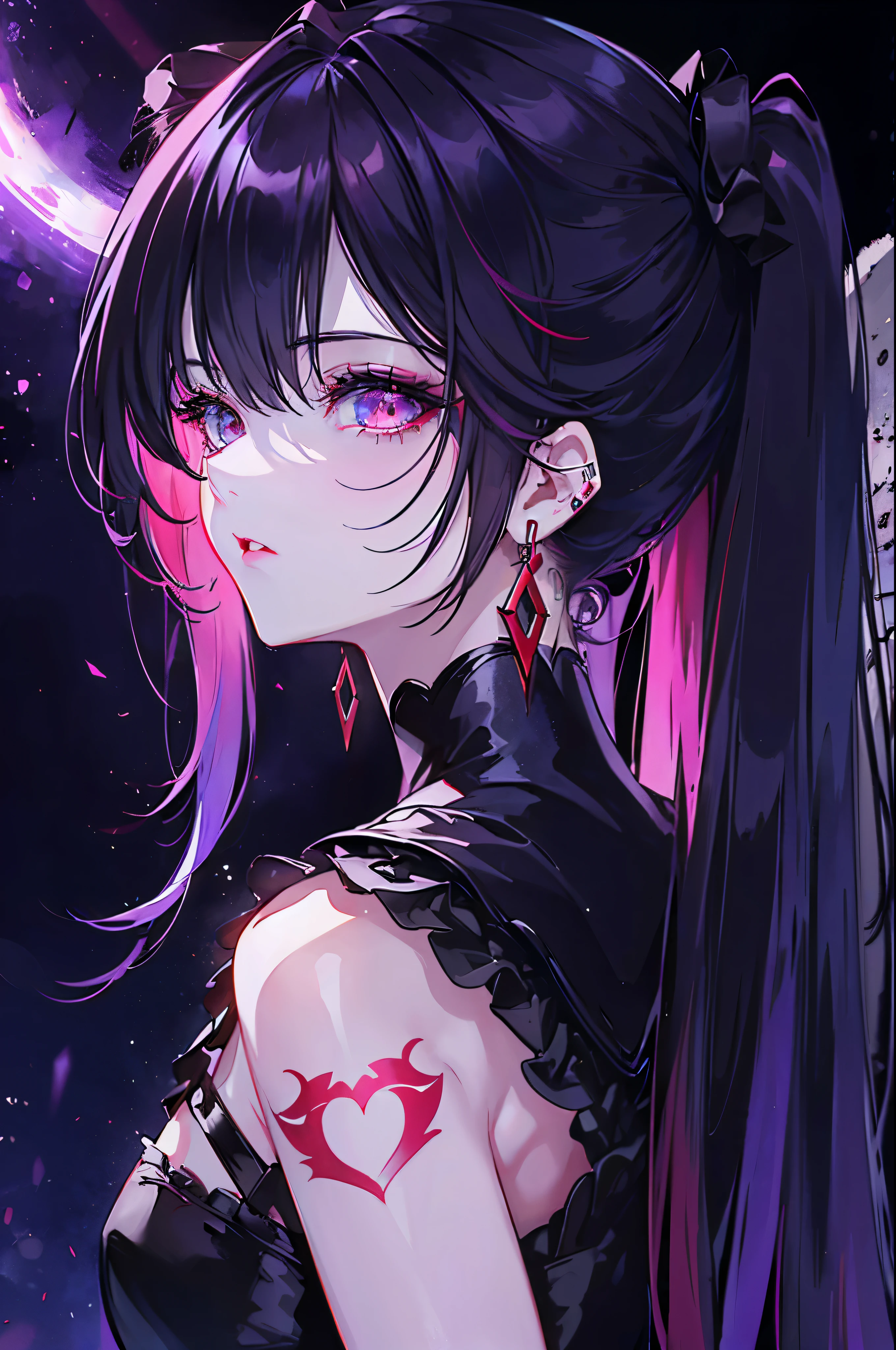 hair above one eye, red eyes, clear eyes, choker, open jacket, towards the wall,shining grafiti, shineing tattoos, shine, neon light, Black light,anime style, movie portrait photography, 1 female, 22 years ago, Full body Esbian,Blue eyes background, big and full breasts, anger, (scarlet colored hair), long hair, purple eyes, wearing a short black dress, (natural skin texture vivid details, surreal, (realistic detailed eyes, natural skin texture, realistic facial details), soft and dramatic lighting, Depth of written boundary, bokeh, vivid details, surreal, 35mm movie, hazy blur, movie,lipstick, ear piercing, eye shadow, hoop earrings, Red-pink lips, Multicolored red eyes, purple theme,Wear an iridescent aura,beautiful eyes,stand in front of the red gate、bold pose、decide on a pose,upper ponytail,Hanging bangs,sit