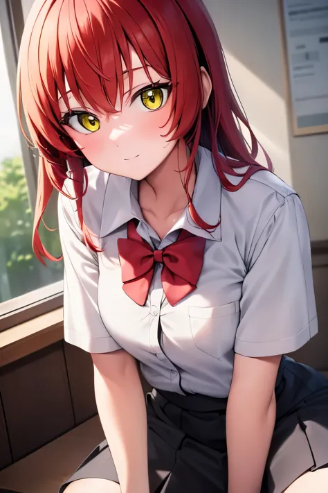 (masterpiece, best quality: 1.2), close-up photo, anime girl with red hair and white school shirt and red bow tie, yellow shirt ...