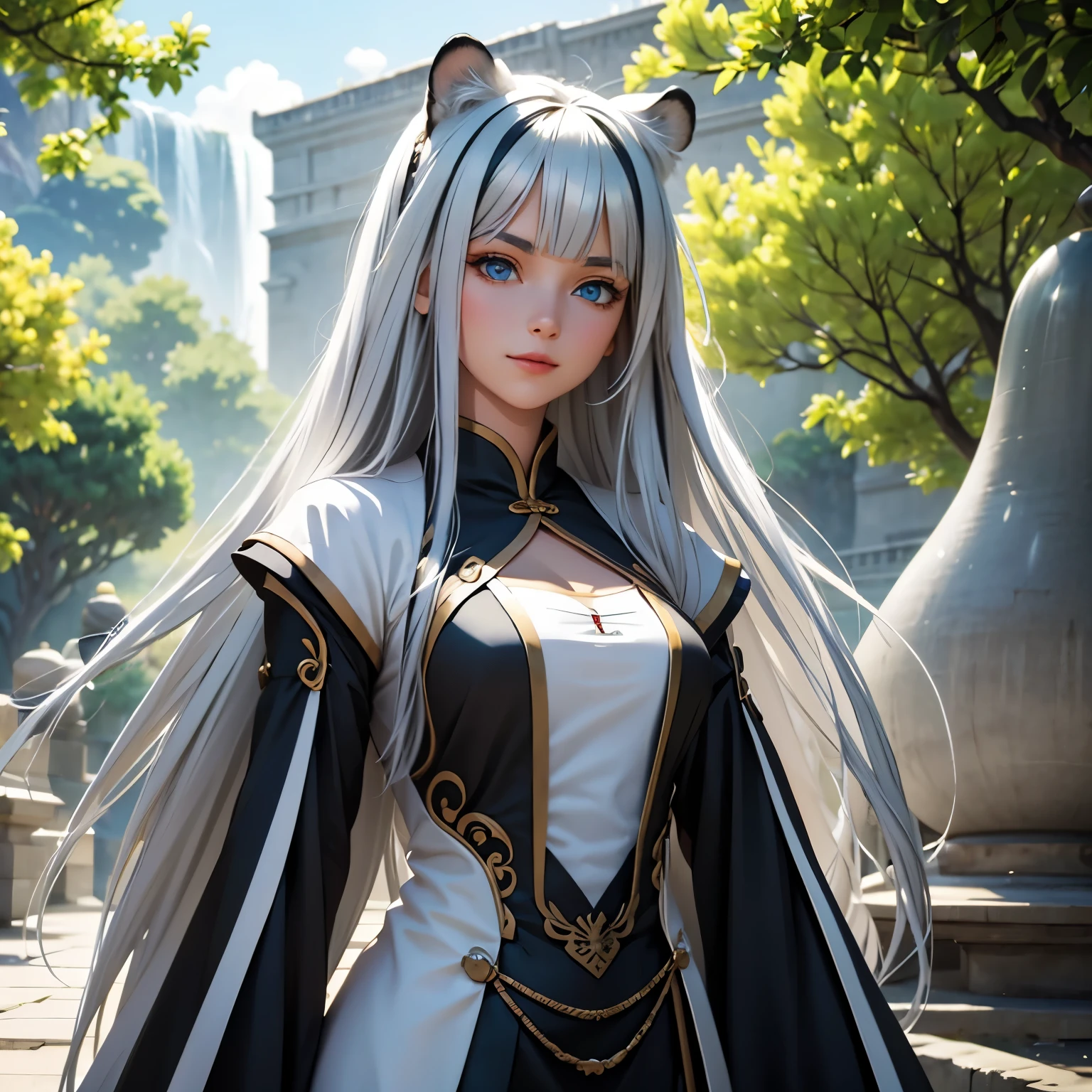 beautiful 30 year old woman with white tiger ears and white hair with black stripes. ojos cerrados. pechos grandes. sonrisa. disfraz guerrera china color verde escotado. escote. imagen cuerpo competo. mystical temple background. disfraz chino color verde