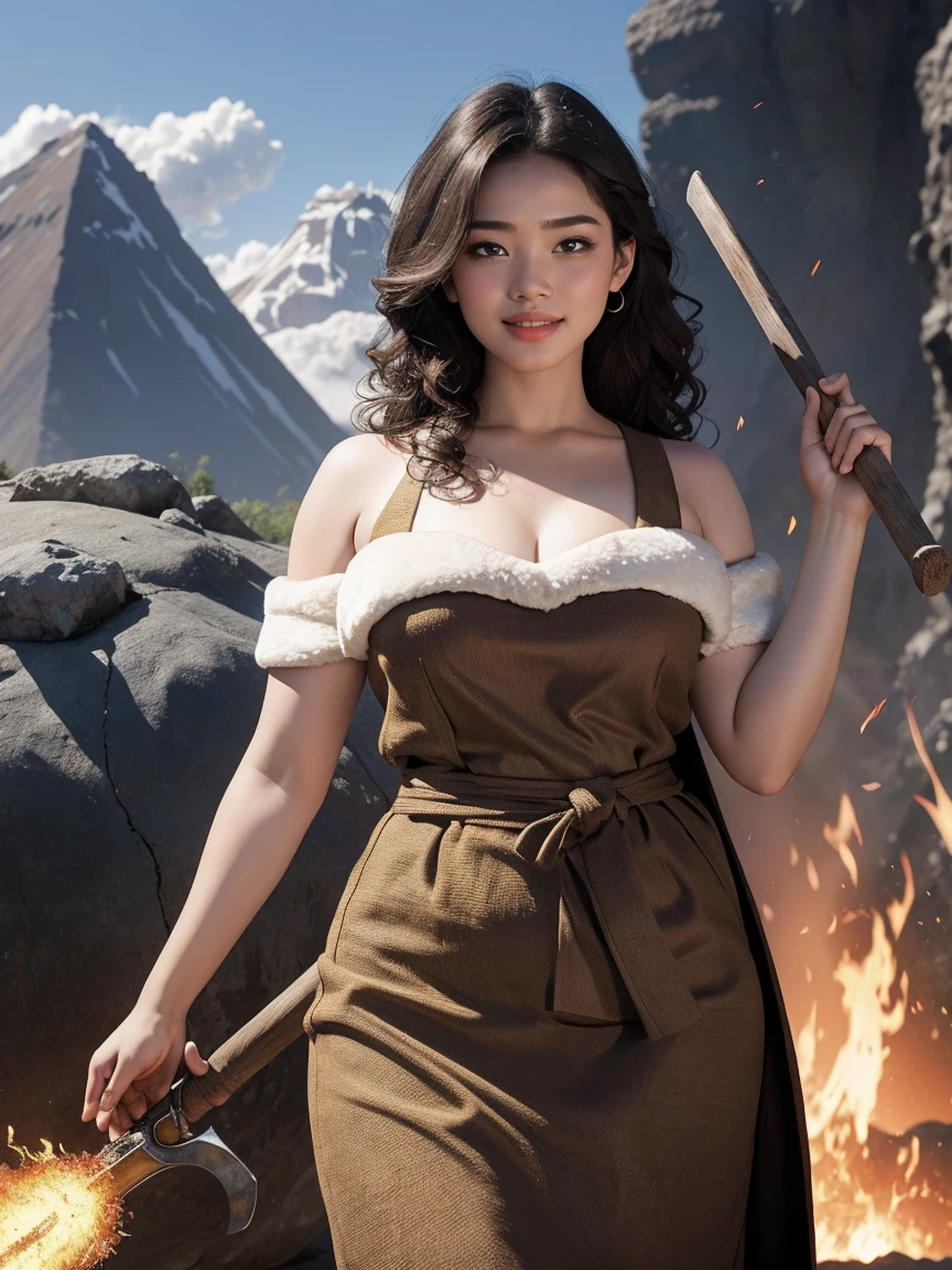 highest quality、masterpiece、ultra high resolution、(realistic:1.4)、Beautiful woman、Take a full body photo、beautiful eyes and skin details、smile、brown curly hair、fur one shoulder cloth scrap、holding a stone ax、Volcano erupts in the background、fighting dinosaurs