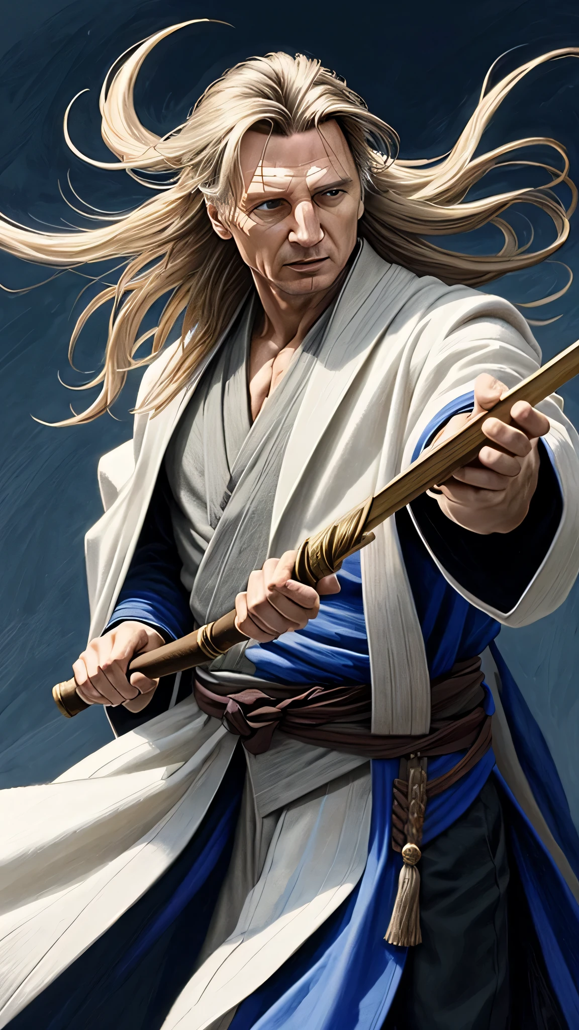 Liam Neeson as Fujin from Mortal Kombat, God of Wind, elements of air, tall and muscular figure, long, flowing white hair, bright blue eyes, traditional robe, accessories adorned with wind motifs, intricate, high detail, sharp focus, dramatic, photorealistic painting art by greg rutkowski