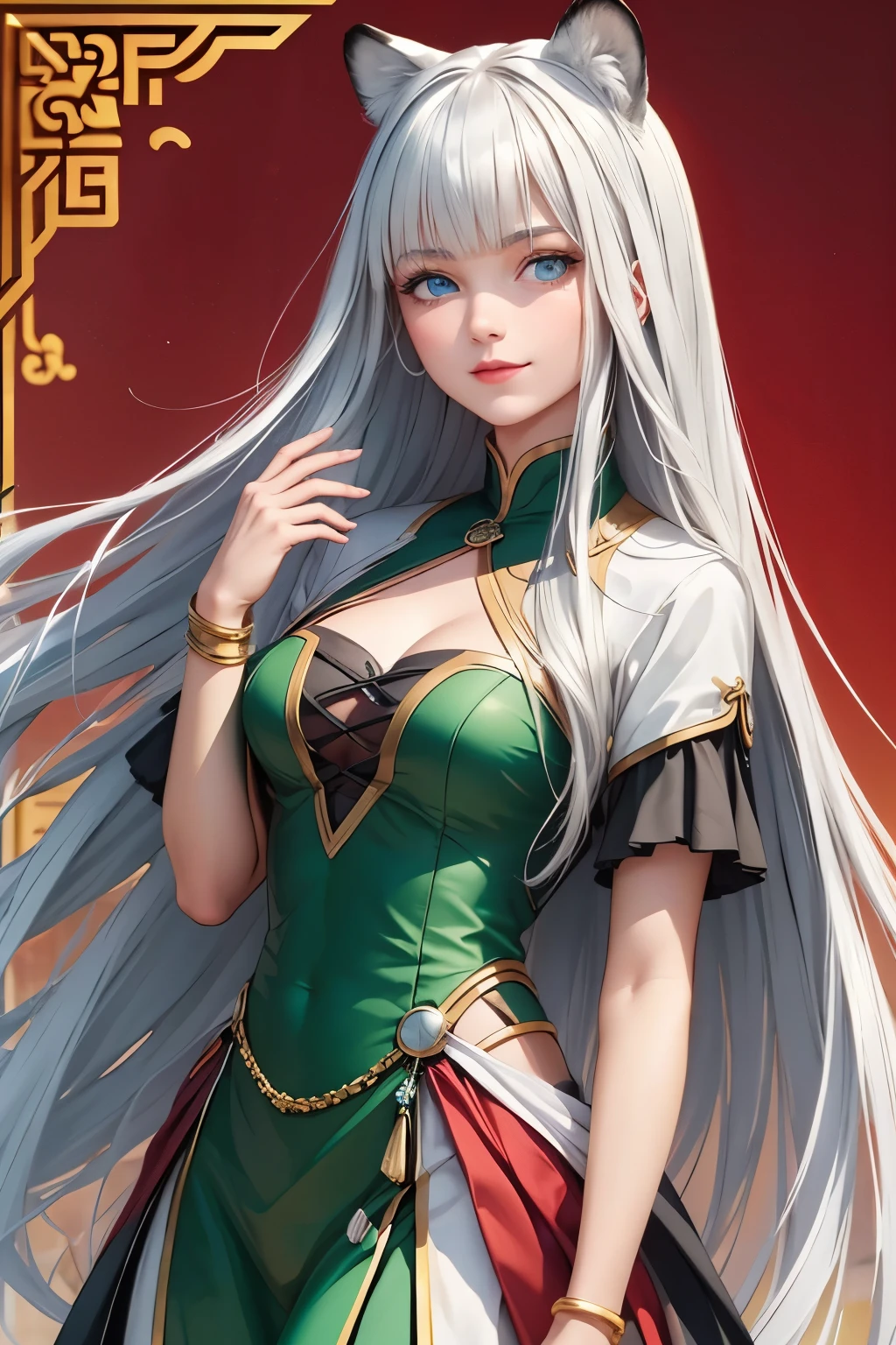 attractive woman 27 years old with white tiger ears white hair with tiger stripes, pale skin. sonrisa disfraz guerrera china escotado color verde con detalles. parada en medio de un castillo chino pechos grandes. pechos grandes. disfraz guerrera china escotado color verde .