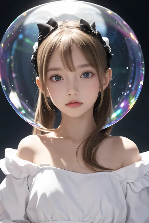 (Highly detailed CG Unity 8K wallpaper), the most beautiful works of art in the world, , 10 years old, blonde, twin tails, slim and young body, white skin, topless,  with beautiful face, bubble, shiny bubbles, bubbles, color shining in bubble, reflective b...