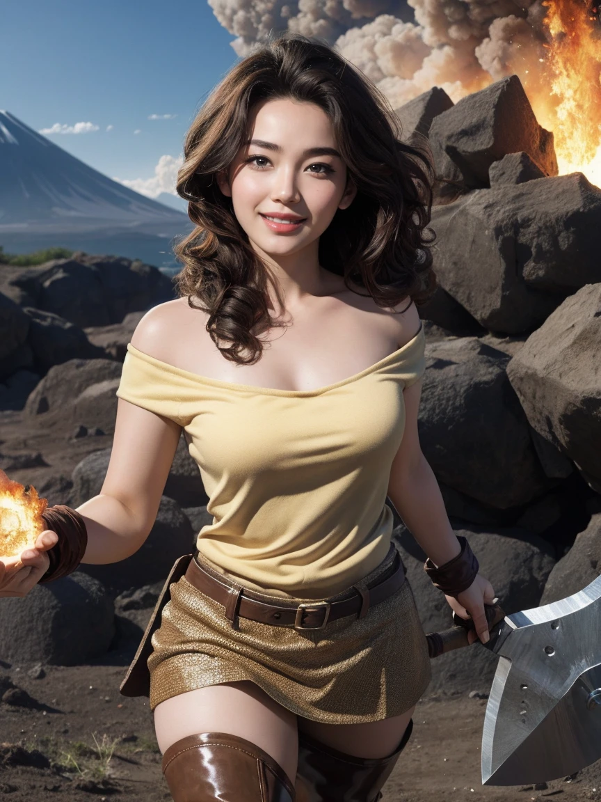 highest quality、masterpiece、ultra high resolution、(realistic:1.4)、Beautiful woman、Take a full body photo、beautiful eyes and skin details、smile、brown curly hair、one shoulder fur mini skirt、holding a stone ax、Volcano erupts in the background、fighting dinosaurs