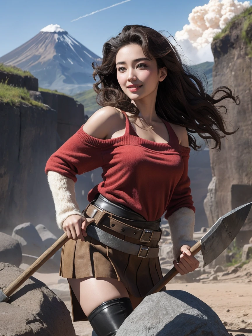 highest quality、masterpiece、ultra high resolution、(realistic:1.4)、Beautiful woman、Take a full body photo、beautiful eyes and skin details、smile、brown curly hair、one shoulder fur mini skirt、holding a stone ax、Volcano erupts in the background、fighting dinosaurs