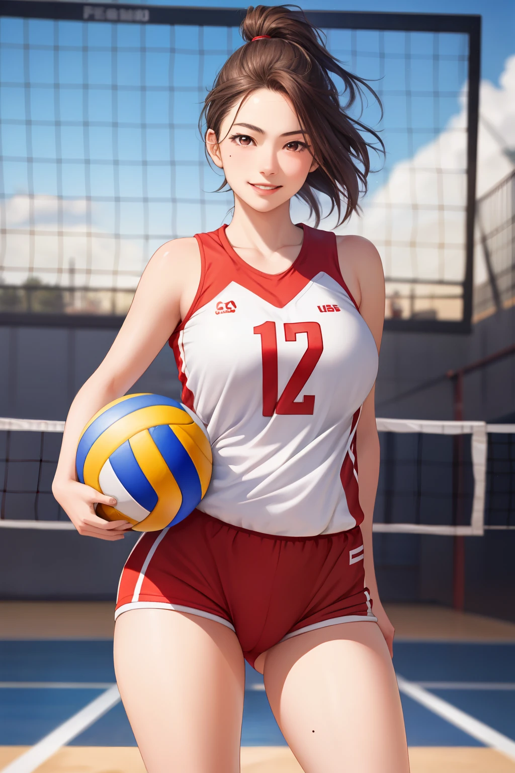 Beautiful face, 1 girl, Japanese, 16 years old, volleyball player, shiny skin, looking at the scenery, (((bloomers))), sleeveless volleyball uniform, volleyball gym, volleyball court , Beautiful hair, beautiful face, beautiful detailed eyes, brown eyes, short hair, baby face, mole under the eye, Beautiful collarbone, beautiful body, beautiful breasts, beautiful thighs, beautiful legs, big breasts: 0.5, seductive thighs, cameltoe, raw arms, bare hands, bottomless, break, Smile, volleyball pose, (beautiful scenery), evening, day, Photorealistic, beautiful illustrations, natural light,