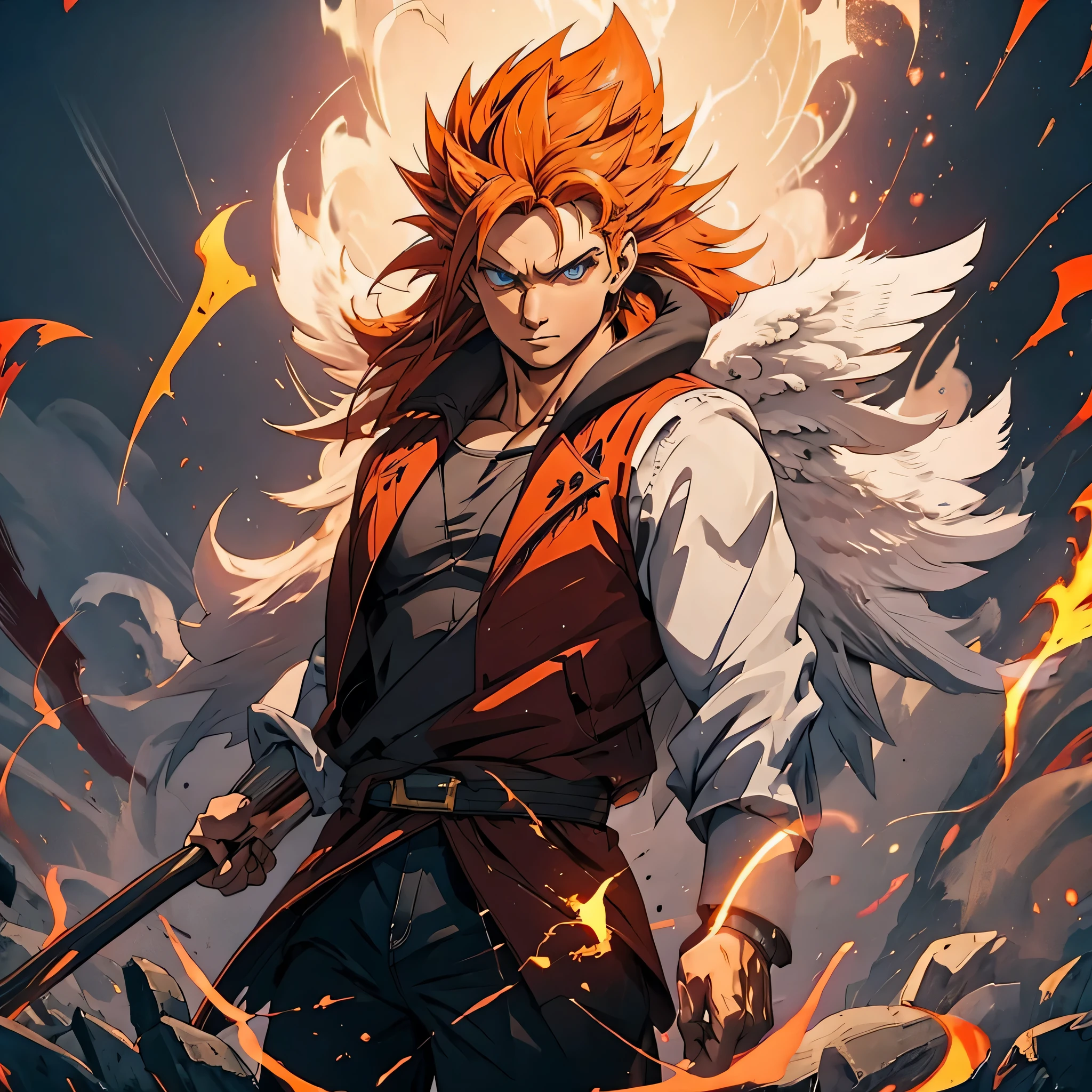 38 year old male, red and gold vest, holding a golden scythe, long orange hair, gigantic angel wings, glowing eyes, glowing tattoos