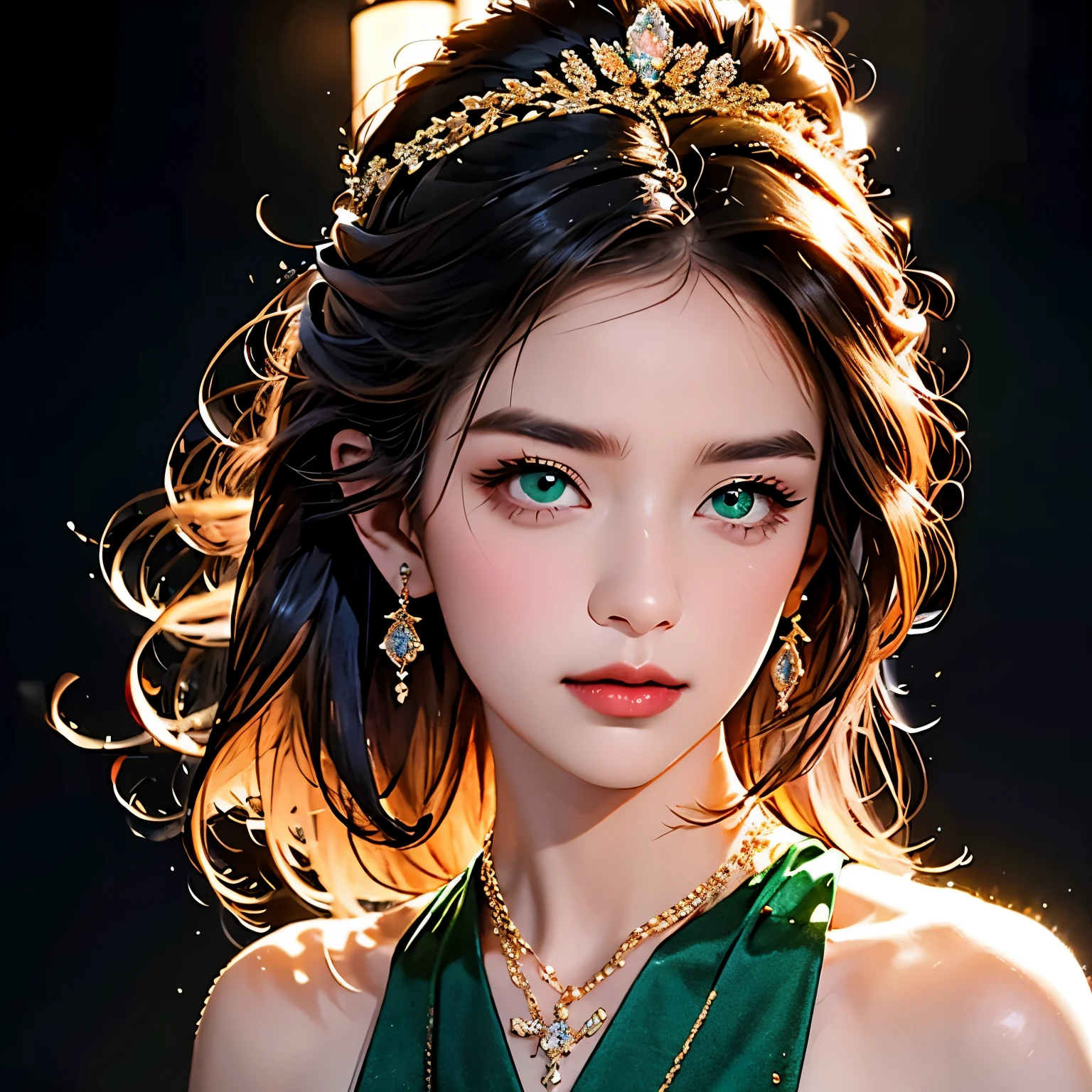 (masterpiece, Best quality:1.2), 1 girl, One beautiful image in art ! Amazing emerald eyes ! Hair with golden streaks . silky shiny hair ! long earrings with sparkling emeralds ! Gold chain around the neck with an emerald medallion !Golden tiara on the head with sparkling diamonds and an emerald in the center ! Detailed beautiful face of a young seductive witch ! The magic of female beauty ! On a black background !Behind her, an invisible bright lamp illuminates her hair and the precious stones sparkle. ! Photos of the highest quality !