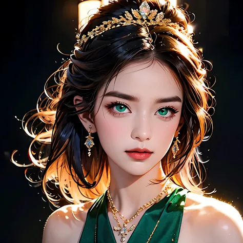 (masterpiece, Best quality:1.2), 1 girl, One beautiful image in art ! Amazing emerald eyes ! Hair with golden streaks . silky sh...