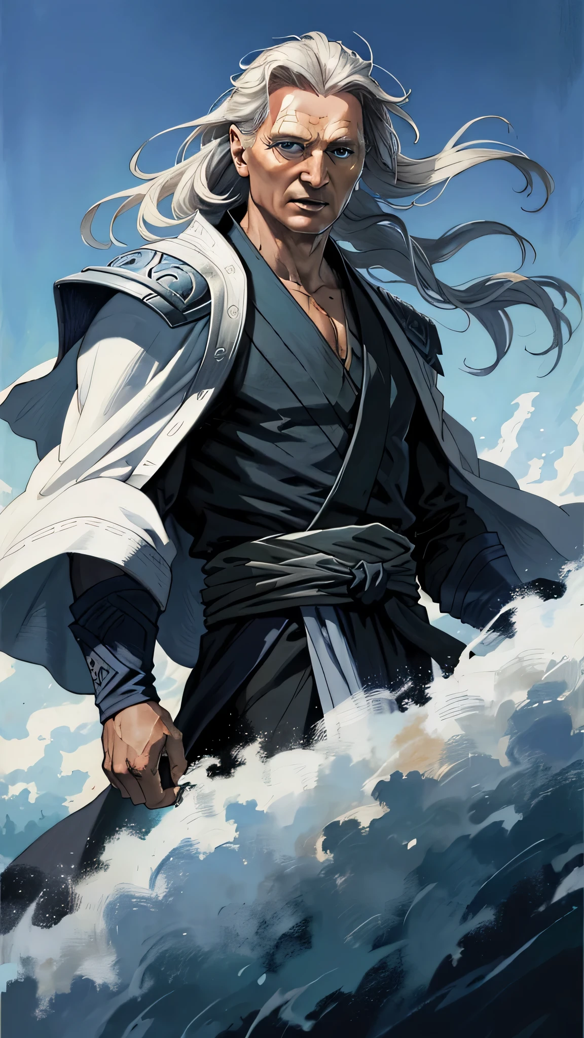 Liam Neeson as Fujin from Mortal Kombat, God of Wind, elements of air, tall and muscular figure, long, flowing white hair, bright blue eyes, traditional robe, accessories adorned with wind motifs, intricate, high detail, sharp focus, dramatic, photorealistic painting art by greg rutkowski