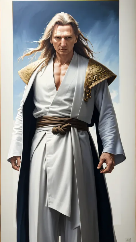 Liam Neeson as Fujin from Mortal Kombat, God of Wind, elements of air, tall and muscular figure, long, flowing white hair, bright blue eyes, traditional robe, accessories adorned with wind motifs, intricate, high detail, sharp focus, dramatic, photorealist...