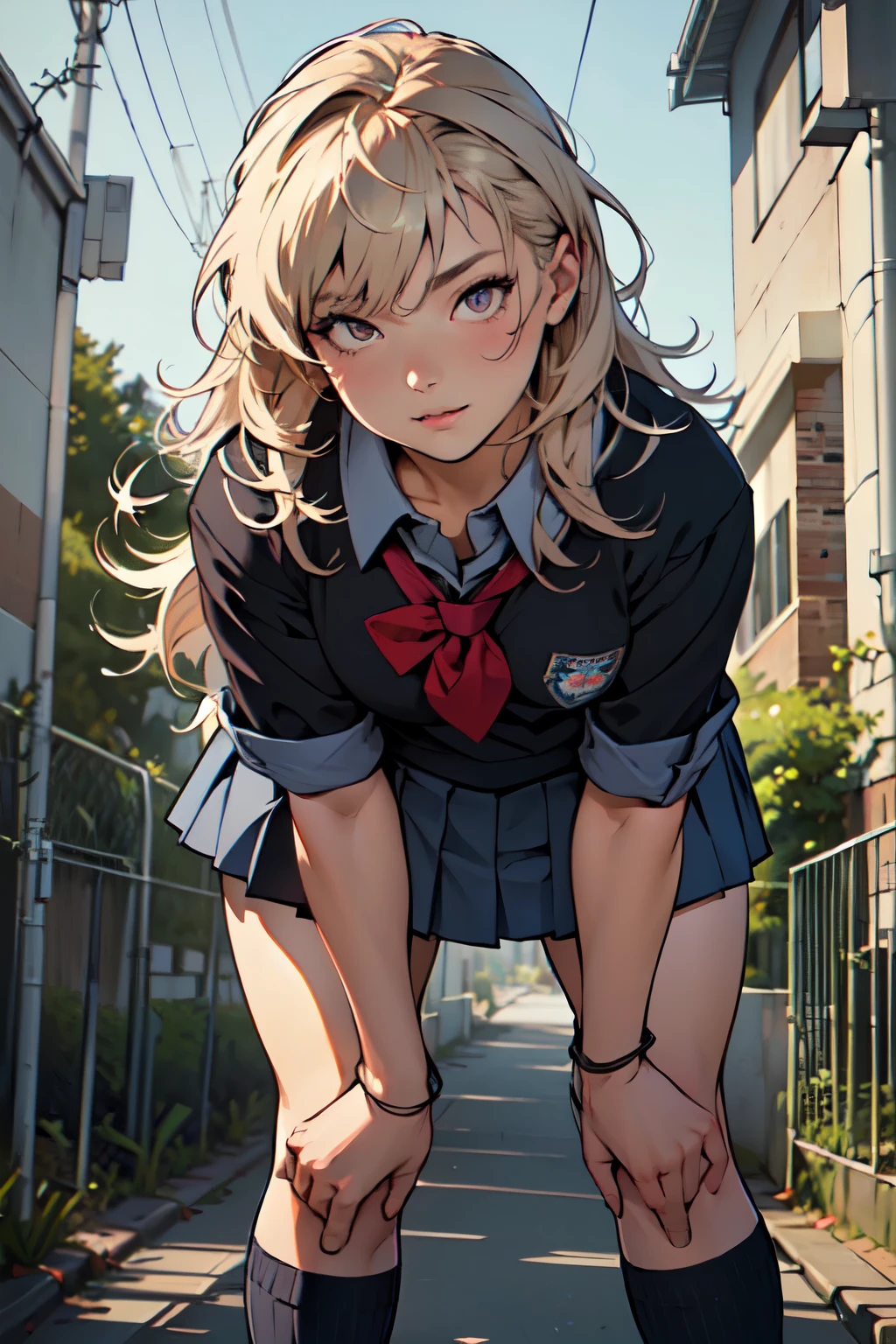 (masterpiece, highest quality), (high resolution, details),
anime, line-art:1.5, flat shading,

Solo: 1.2, female,(detailed face:1.2),(detailed hair:1.2),
(School uniform: 1.5), Baggy socks,
(Unruly hair, voluminous hair),
(Beautiful thighs: 1.0),
