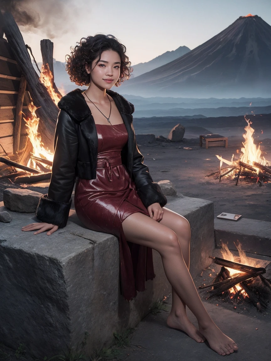 highest quality、masterpiece、ultra high resolution、(realistic:1.4)、Beautiful woman、Take a full body photo、beautiful eyes and skin details、smile、curly hair、Primitive period、Wearing fur、eating raw meat、dark skin、have stone tools、Volcanic smoke in the distance、bonfire