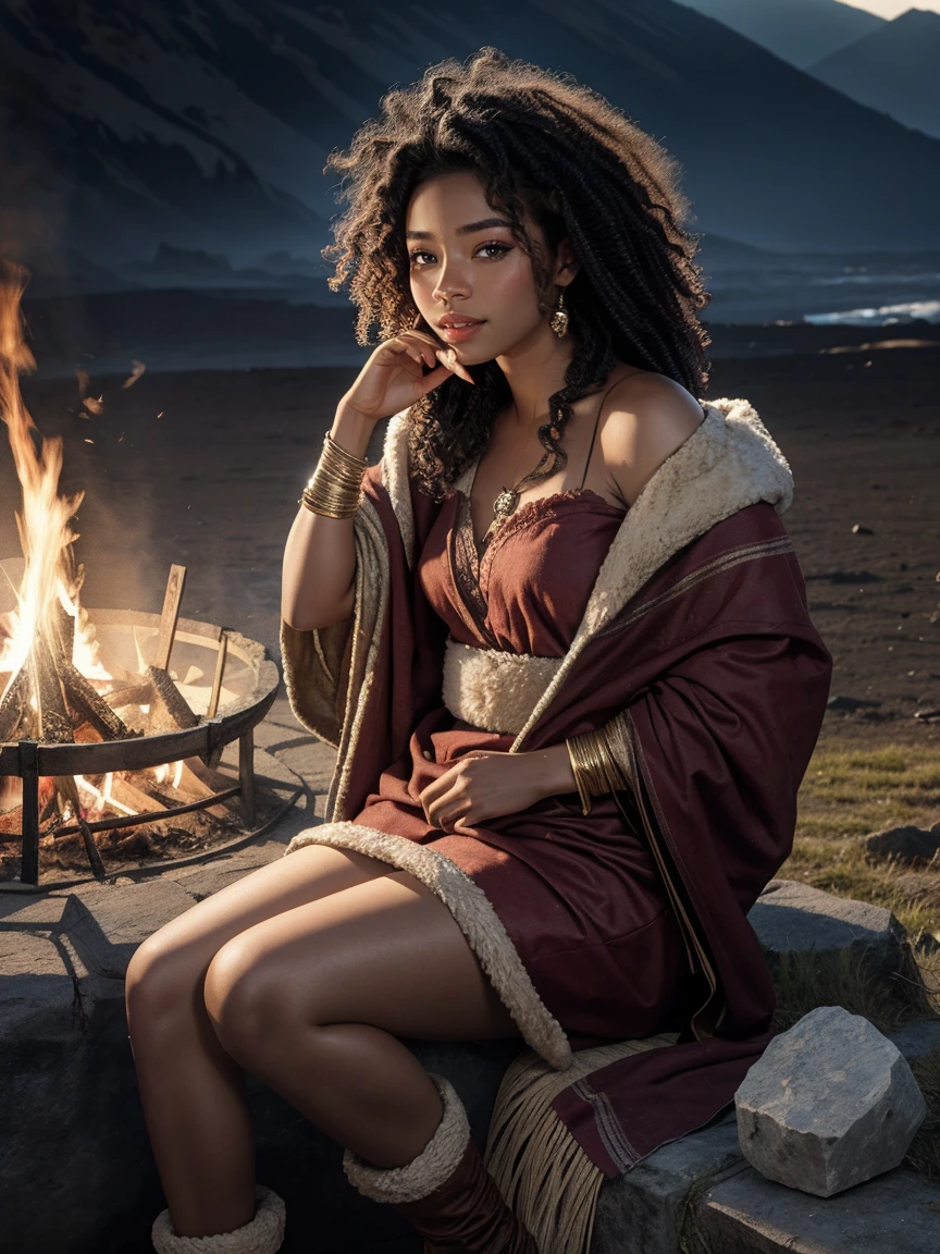 highest quality、masterpiece、ultra high resolution、(realistic:1.4)、Beautiful woman、Take a full body photo、beautiful eyes and skin details、smile、curly hair、Primitive period、Wearing fur、eating raw meat、dark skin、have stone tools、Volcanic smoke in the distance、bonfire