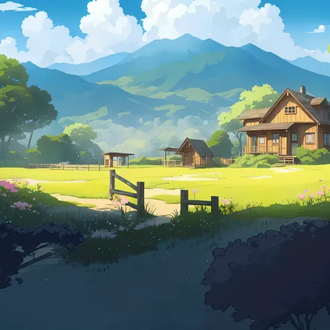 There is a picture of a house in the middle of the field., anime countryside landscape, anime background art, anime scenery conc...