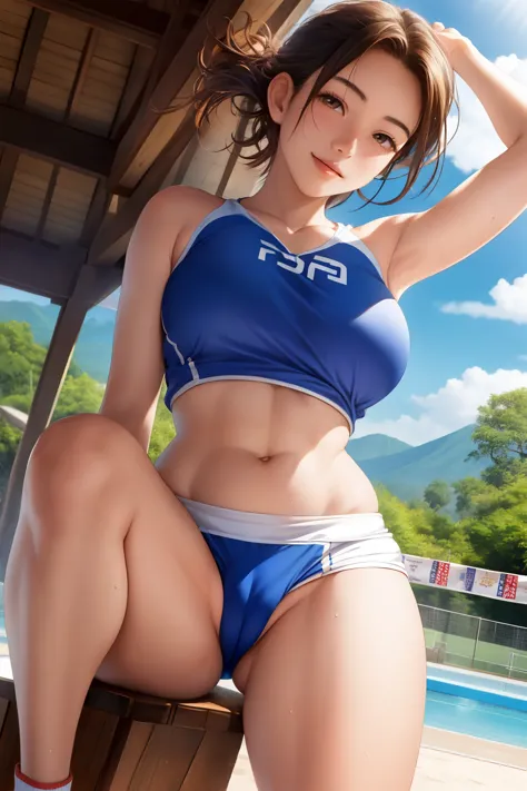Beautiful face, 1 girl, Japanese, 16 years old, volleyball player, shiny skin, looking at the scenery, (((bloomers))), sleeveless volleyball uniform, volleyball gym, volleyball court ,
   Beautiful hair, beautiful face, beautiful detailed eyes, brown eyes,...