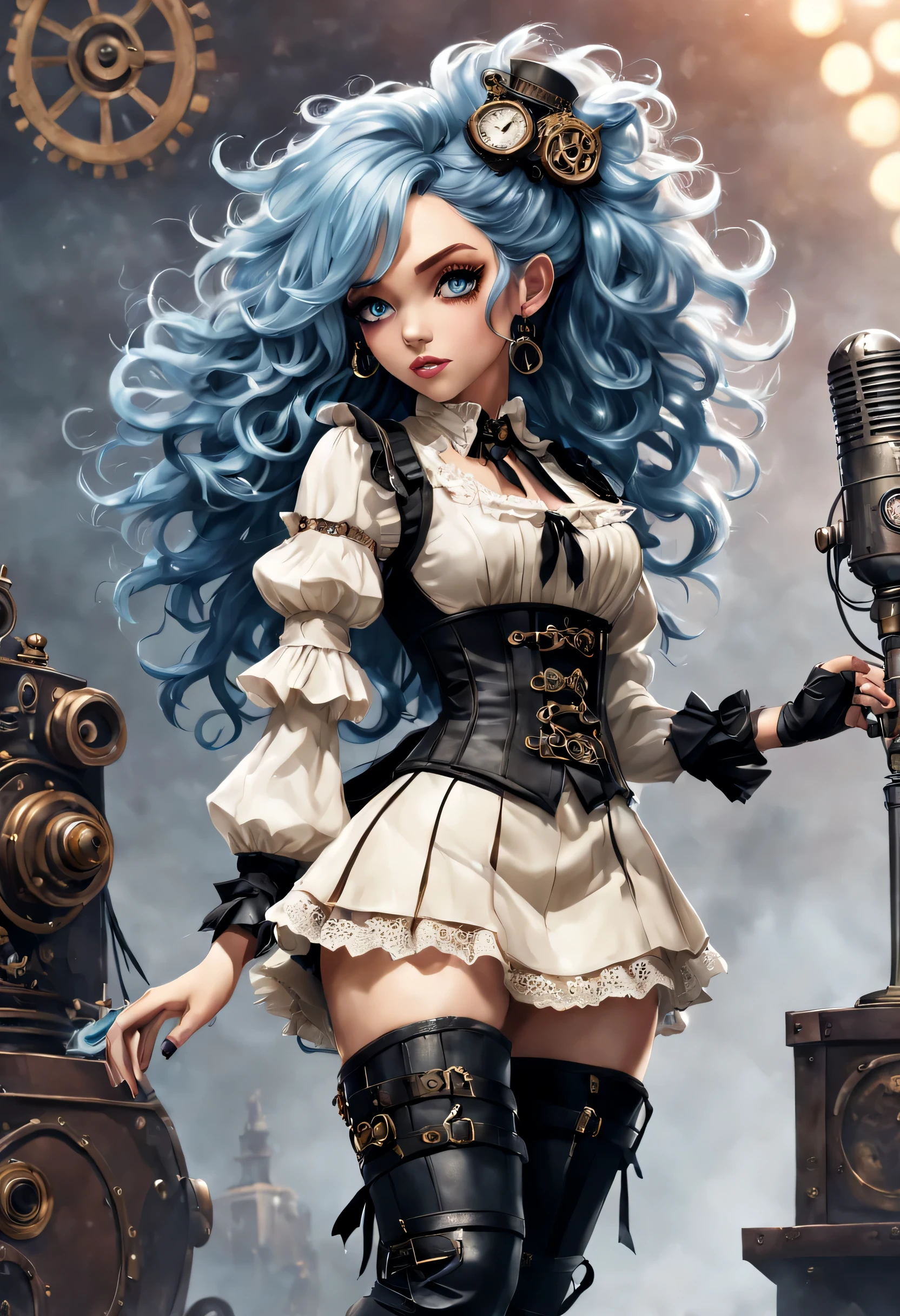 Highly detailed female character named Skye. She is 25 years old, from uk, has long blue hair, wearing a steampunk costume. Her costume is a cream-colored blouse.、Consists of a layered skirt with black lace and ribbons。, Corset-like blouse design, black belt that emphasizes the waist, Steampunk features such as gears and metal decorations. Her hair is curly and her makeup emphasizes her eyes., Blending Victorian influences with modern elements. Half of the body is fused with AI, And on the left is a robot. In this scene, As a rock singer, Sky embodies the essence of a rock star., Shouting cheerfully into the microphone on a live stage. full body image.