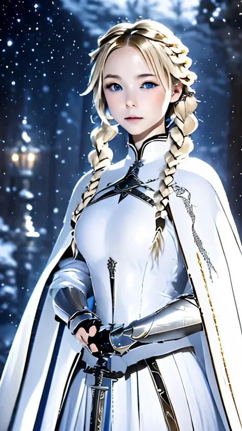 one woman、Rin々new appearance、Rinとした表情、cold look、Medieval Knight、pure white battle uniform、blonde、french braid、have a sword、white...
